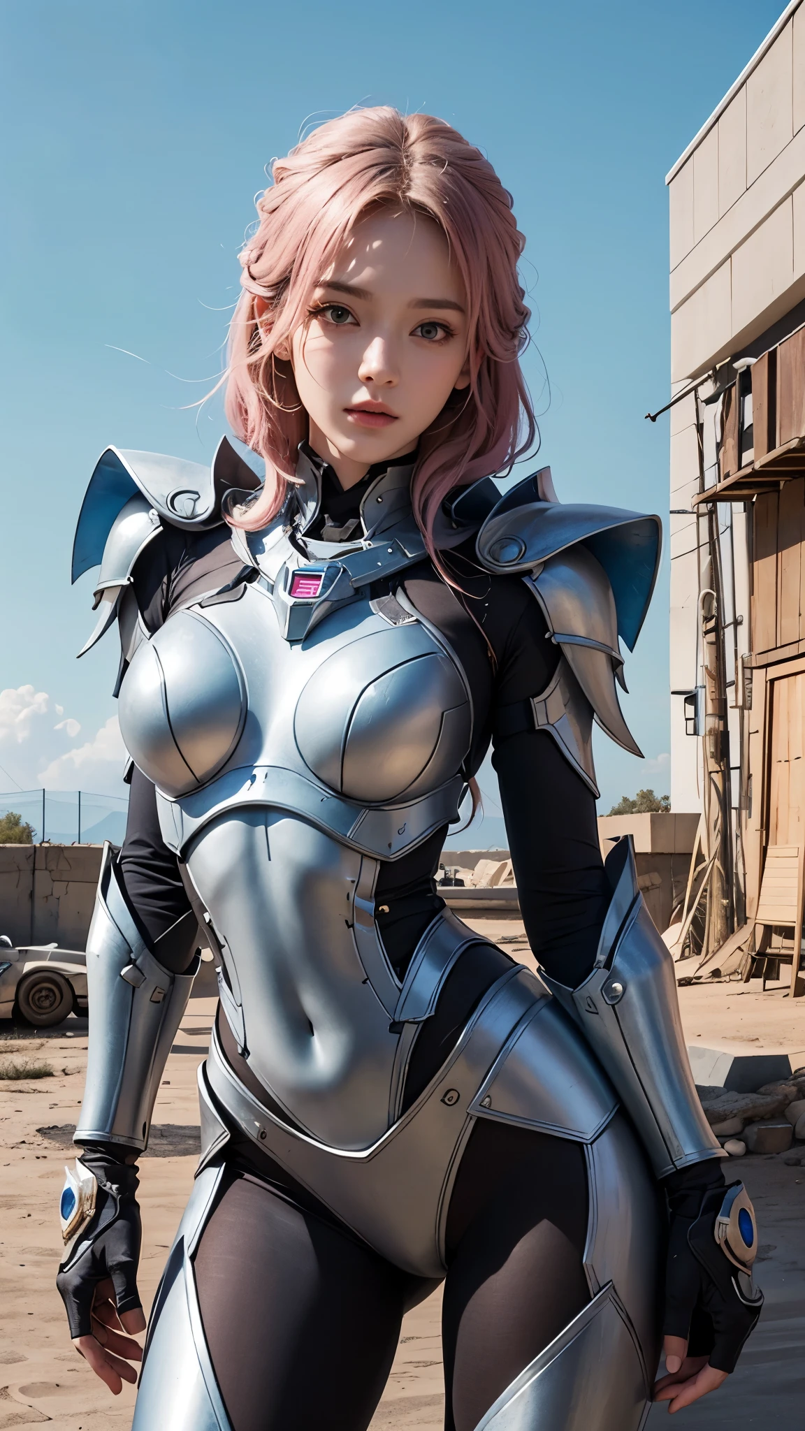 (masterpiece, best quality:1.2), (8k uhd, 16k, 32k, ultra high res), (photorealistic:1.37), (RAW photo), ultimate-realistic, ultimate-realistic details, ultimate-realistic texture, ultimate-intricate details, ultimate-realistic lighting, ultimate-realistic shadow, japanese girl, (pink hair), (blue eyes), ultimate-cute face, ultimate-RAW skin, ultimate-realistic eyes, (mechanical:1.4),  (armor), full body, wide shot, realistic background