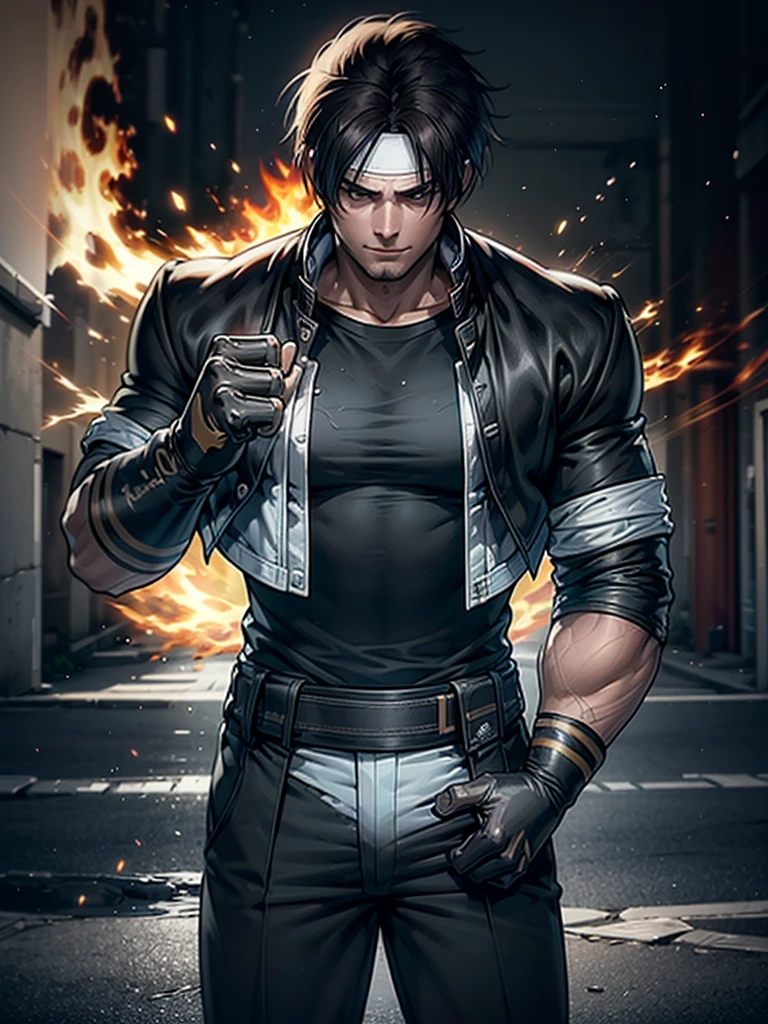 30-year-old man, alone, alone, athletic, muscular, dark hair, white band on forehead, white t-shirt, open black jacket, black pants, thin brown belt, wears black exercise gloves that cover almost his entire forearm, gaze serious looking at viewer, fire in one hand, cinematic, ultra sharp focus, award winning photography, perfect contrast, high sharpness, depth of field, ultra detailed photography, global illumination, fluid, ultra high definition, 8k, Unreal Engine 5, ultra sharp focus, award-winning photography, art season trends,
