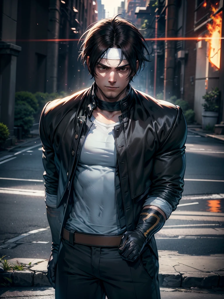 30-year-old man, alone, alone, athletic, muscular, dark hair, white band on forehead, white t-shirt, open black jacket, black pants, thin brown belt, wears black exercise gloves that cover almost his entire forearm, gaze serious looking at viewer, fire in one hand, cinematic, ultra sharp focus, award winning photography, perfect contrast, high sharpness, depth of field, ultra detailed photography, global illumination, fluid, ultra high definition, 8k, Unreal Engine 5, ultra sharp focus, award-winning photography, art season trends,
