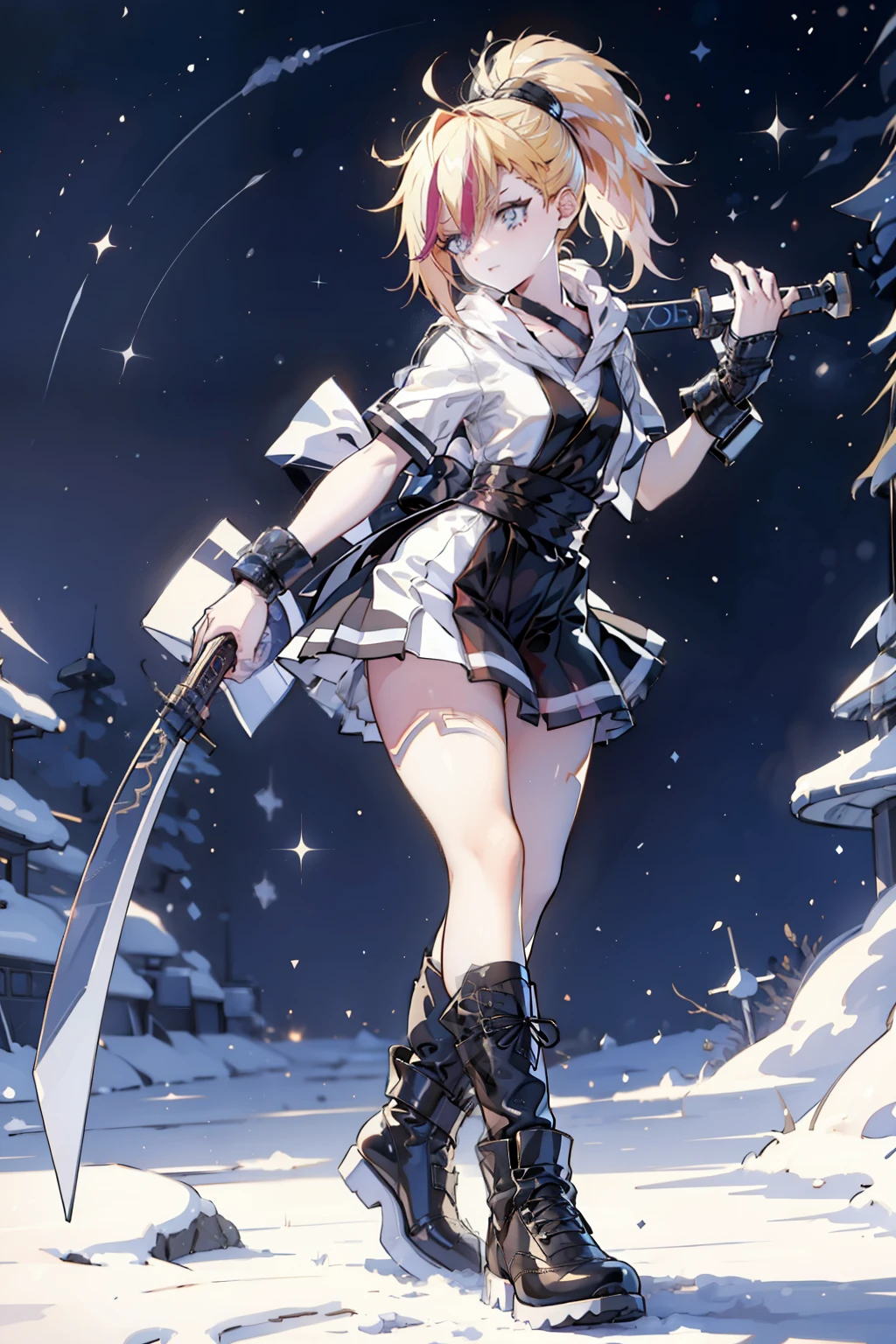 1 girl, ultra long hair, ultra detailed face, shiny lips, bright blue eyes,  Very long ponytail, elegant walk, catwalk, holding a giant katana, blonde, long eyelashes,  long boots  , looking at the sky, Starry sky, to ultra giant katana 