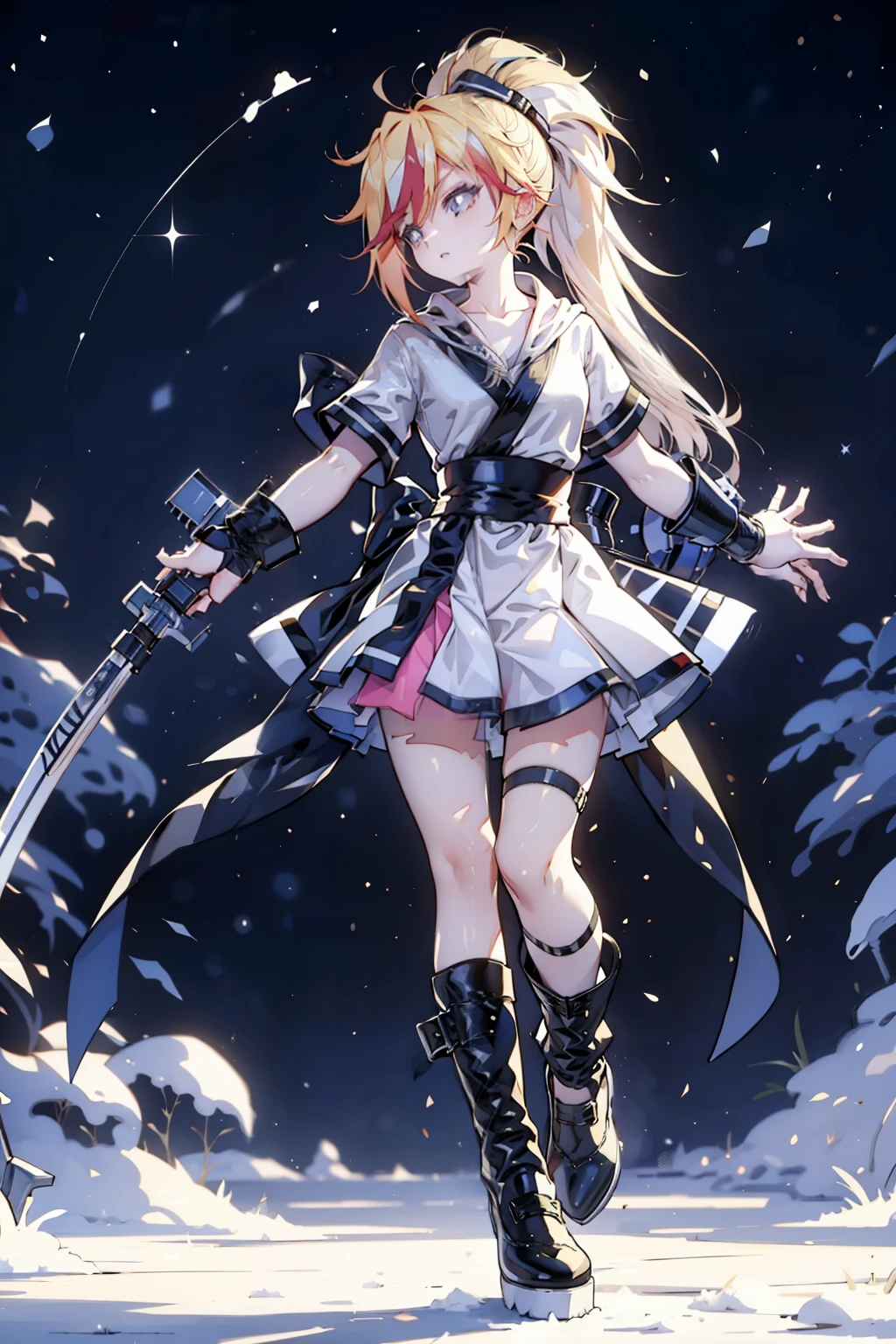 1 girl, ultra long hair, ultra detailed face, shiny lips, bright blue eyes,  Very long ponytail, elegant walk, catwalk, holding a giant katana, blonde, long eyelashes,  long boots  , looking at the sky, Starry sky, to ultra giant katana 