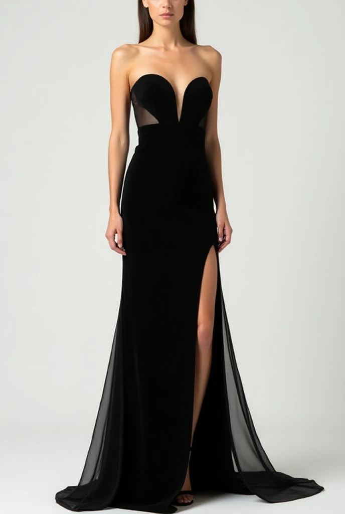 Beautiful Chinese woman, 23 years old, with bangs; courageous character, Kind, attractive; long dress, Elegant black dress, deep cut, high slits, bare legs, Thin straps, fitted waist, confident pose; Chinese Hairstyle, hair bun, Chinese heels with crystal flowers; light makeup; elegantly standing, (masterpiece, accuracy, Shine, 8 K)