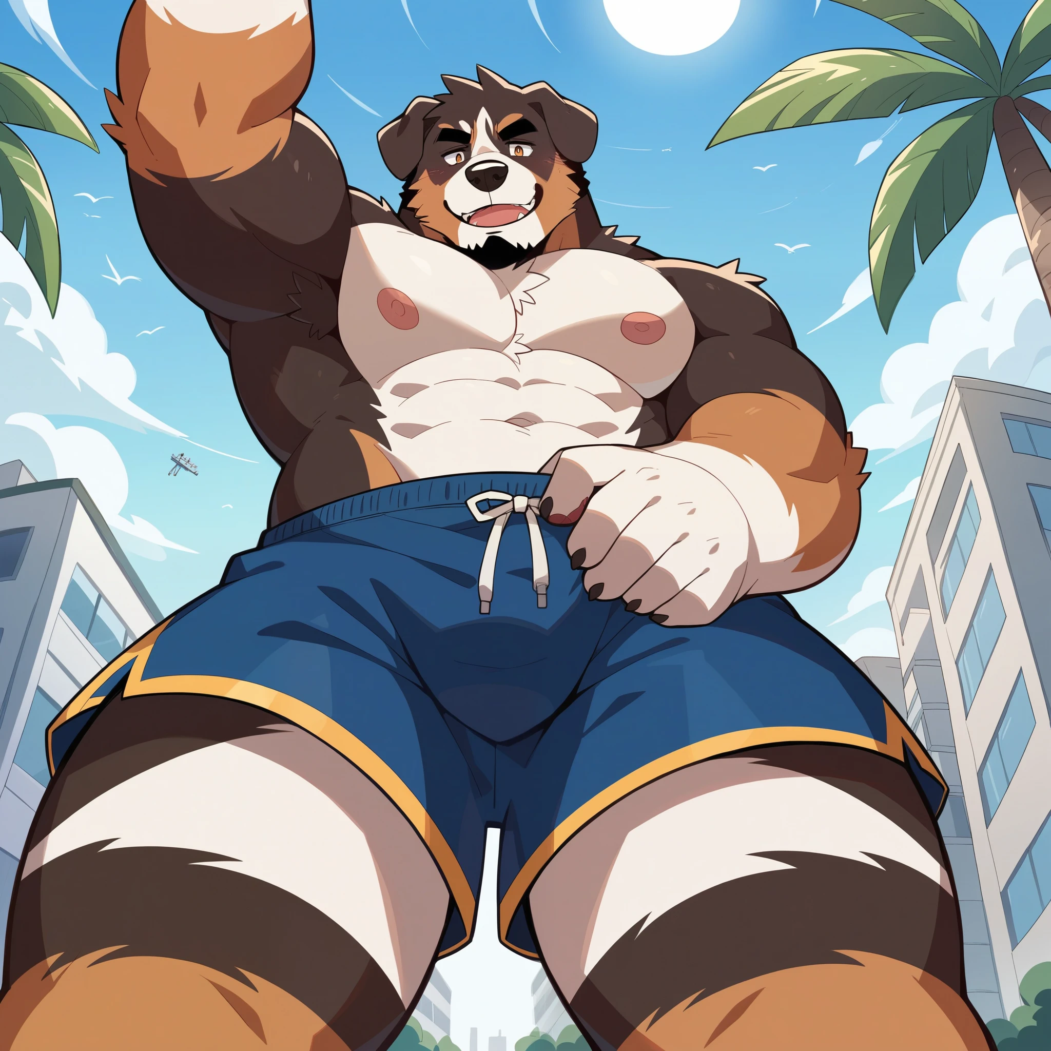 verwirrtes Bernese Mountain Dog Gesicht,Humanity (Bernese Mountain Dog),pummelig,( black eyebrows :1.1),(perfect eyes), Does a swimming trunks ,(artist:takemoto arashi),paw,( Black beard :1.3),(Swimming trunks :1.4) Bernese Mountain Dog,(Massiv:3.0, ( heavyweight ,stark,Macro, Emphasize )), background ((Building , Stranhäuser , Raise little speech , the crack in the road, small trees , small palm trees , strand )), shot from a low perspective