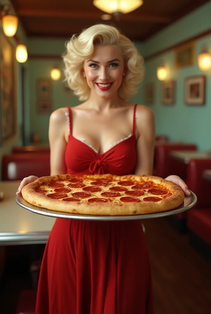 two girls enjoying a pepperoni pizza. Girl 1 is a red head with striking green eyes, dressed in a blue corset. Girl 2 is a blonde with captivating blue eyes, wearing a red corset. They are seated at a wooden table, sharing a delicious pepperoni pizza with cheese dripping down the slices. Capture their enjoyment and the cheesy goodness of the pizza
