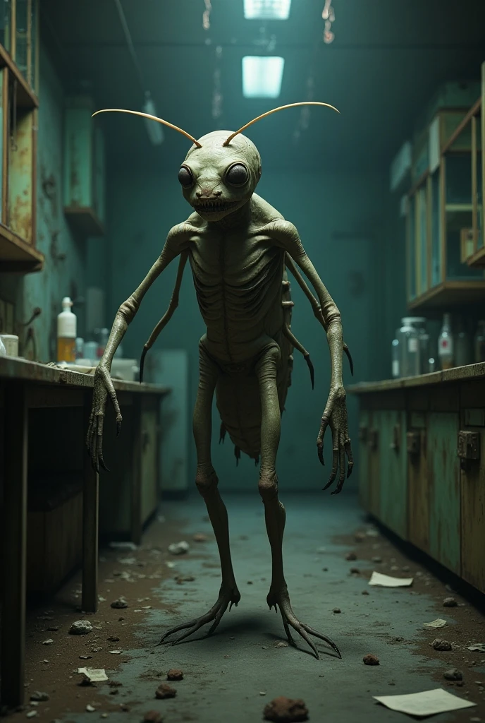 Wendigo, Alien creature, dimly lit laboratory, high contrast, cinematic still, reminiscent of Ridley Scott's style