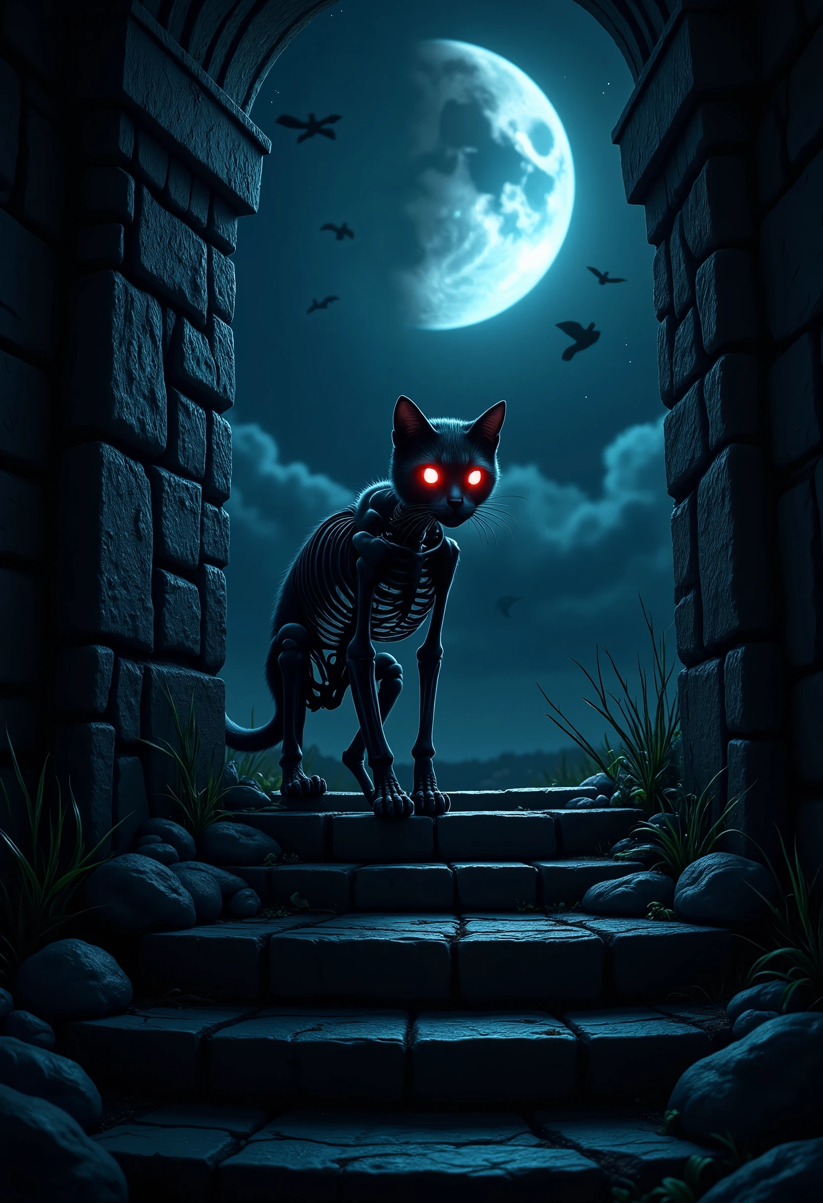 score_9, score_8_up, score_7, there is a skeleton of cat walking on spiraling black stairs, of a  medieval tower,  the cat has red glowing eyes, it is night time, there is a crescent moon and stars highres, best quality, high details, 16K, ultra detailed, masterpiece, best quality, (extremely detailed), hyp3rd3tail style, ral-ertmsphr