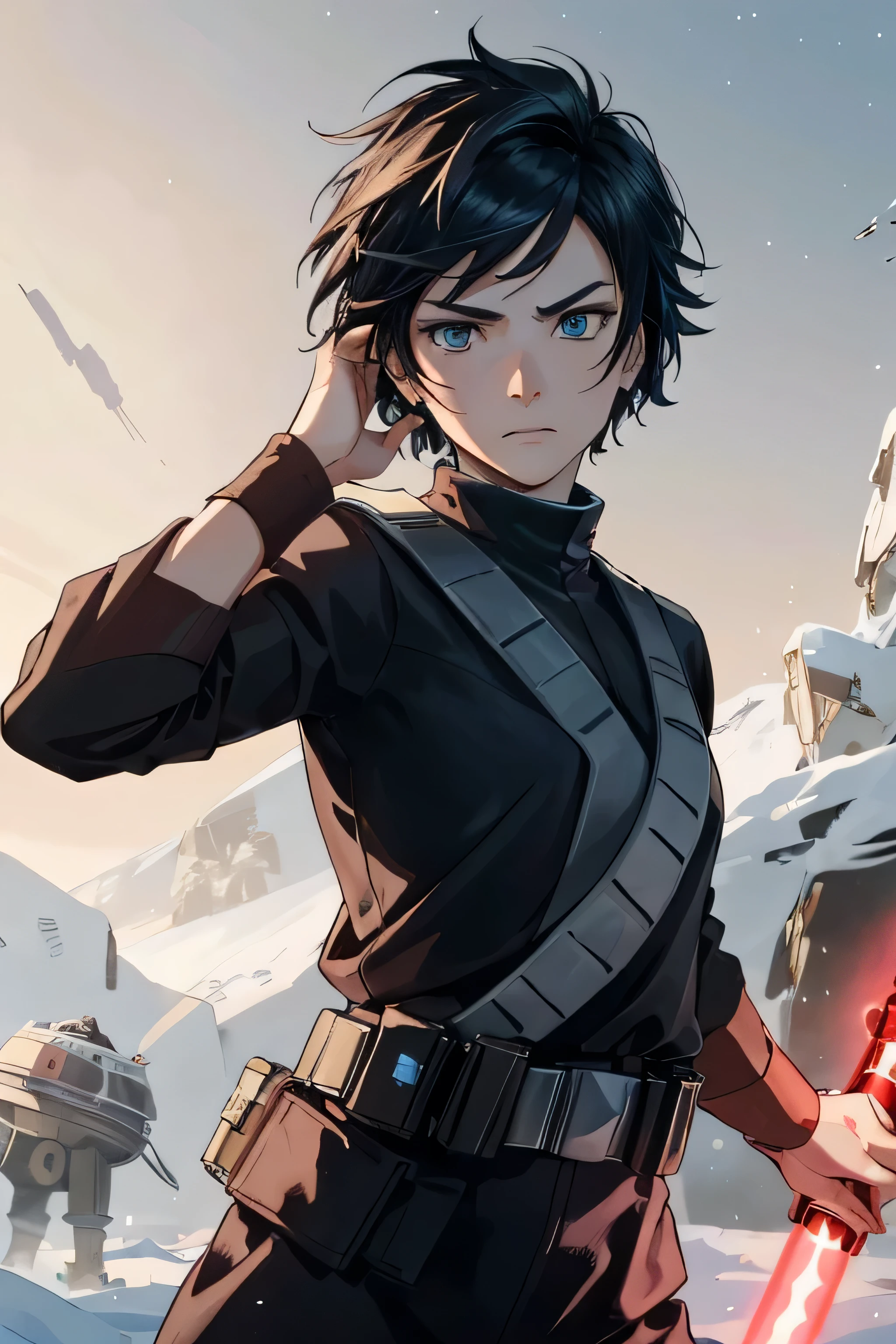 1girl, young, Star Wars, Sith outfit, short black hair with the bang to the left, shaved hair on the right, dark blue eyes, serious and somber expression (face). Star Wars Universe. Pose with red lightsaber Hoth world as a background.