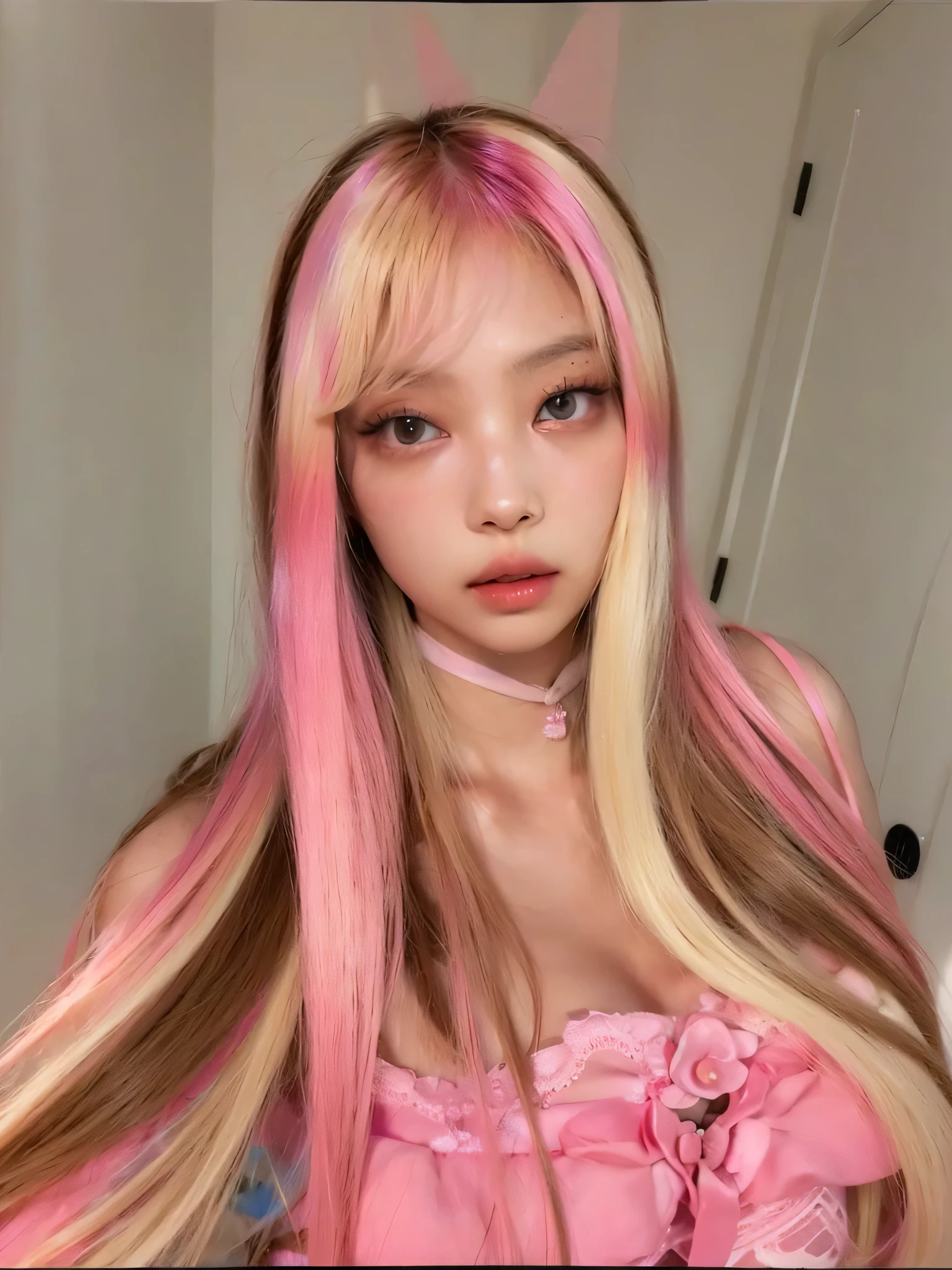 Genshin impact girl long blonde hair with pink highlights pink eyes with stars light skin skirt 