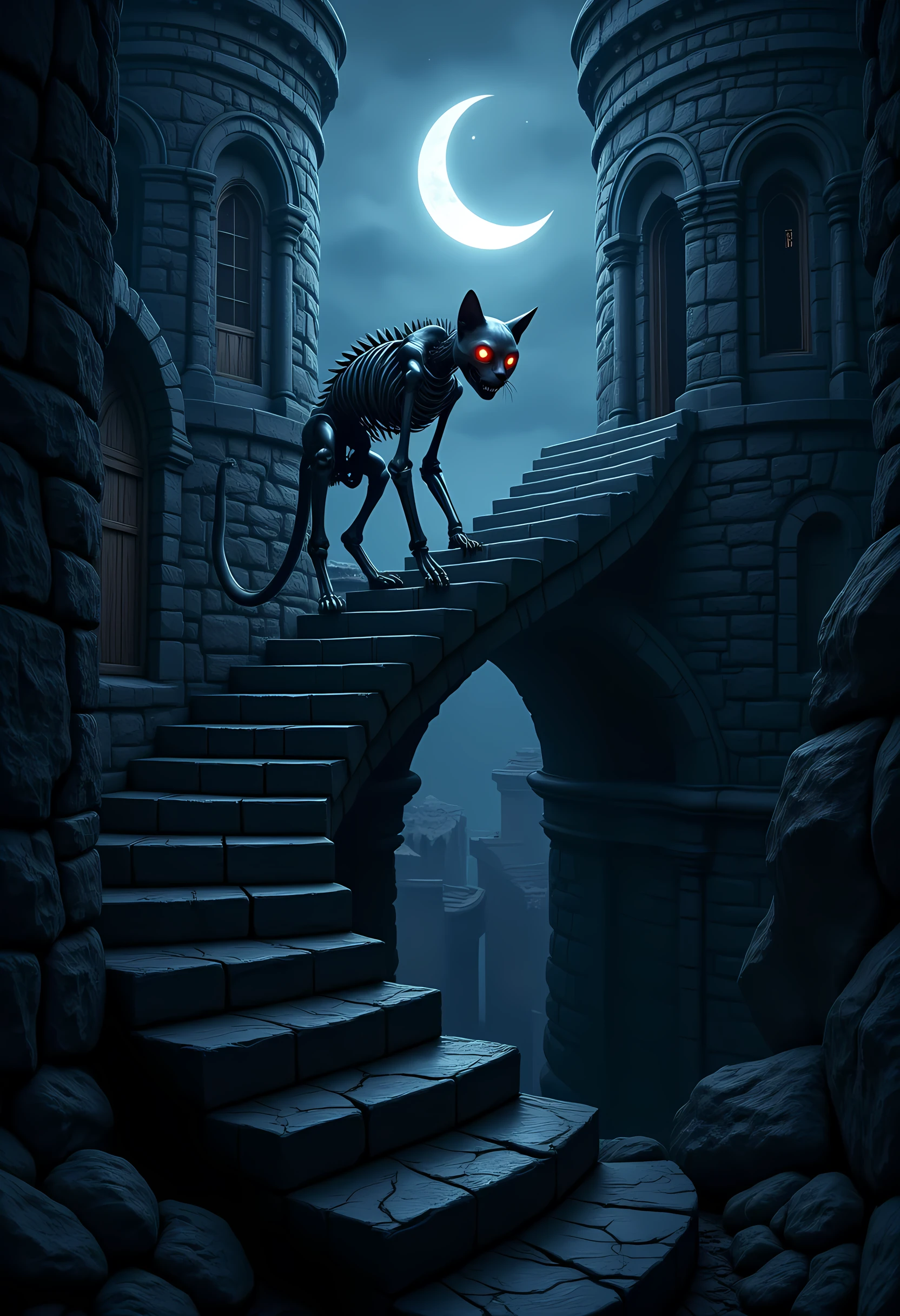 score_9, score_8_up, score_7, there is a skeleton of cat walking on spiraling black stairs, of a  medieval tower,  the cat has red glowing eyes, it is night time, there is a crescent moon and stars highres, best quality, high details, 16K, ultra detailed, masterpiece, best quality, (extremely detailed), hyp3rd3tail style, ral-ertmsphr