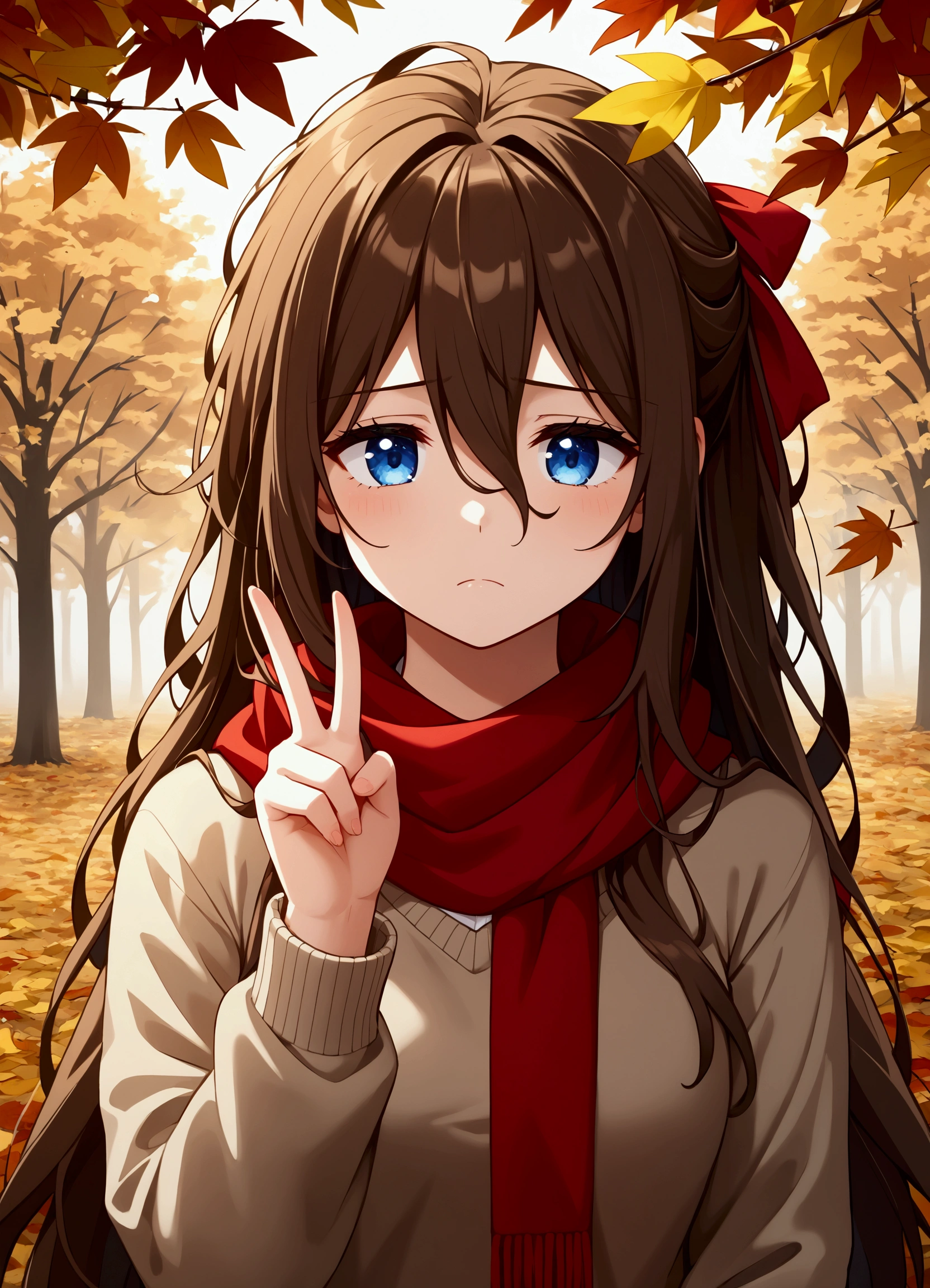 (masterpiece), best quality, ultra-detailed, illustration, warm lighting, soft lighting, bright colors, 1 girl, solo,( beautiful girl, long hair, blue eyes, ribbon, brown hair, hair between eyes, hair ribbon, sidelocks, very long hair, messy hair,) , autumn, many maple tree, maple leaves, golden leaves, fall foliage, Dried leaves, river,  crisp air,  peace, cool breeze , sweater weather,( wear white or brown sweater, red scarf, Moody fall, Wistful, Melancholy, sad ,worried, Longing,)