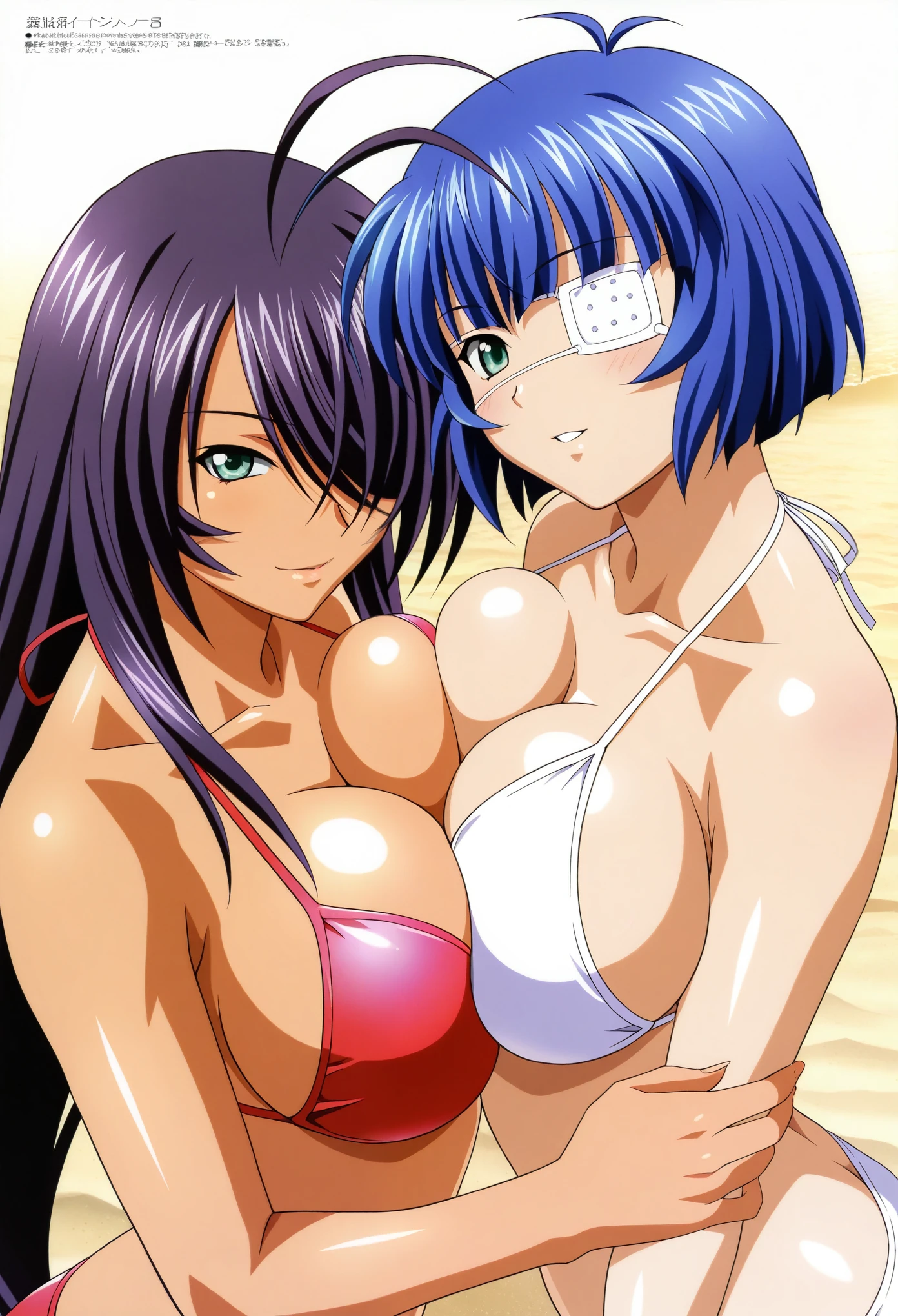 masterpiece, best quality, amazing quality,2girls,kan'u unchou\(ikkitousen\),RIN-SIN(artist),large breasts,symmetrical docking, seductive smile, bikini, upper body, looking  at viewer, BREAK ryomou shimei\(ikki tousen\), blue hair, short hair, green eyes, eye patch, beach