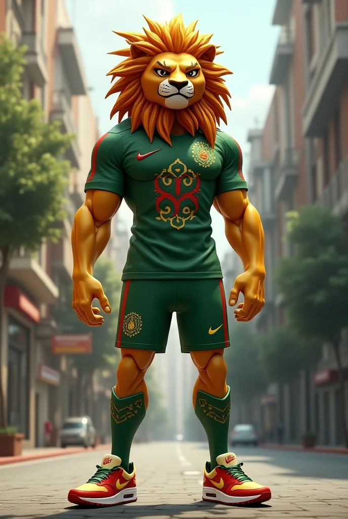 High relief lion in sportswear holding a white and green soccer flag