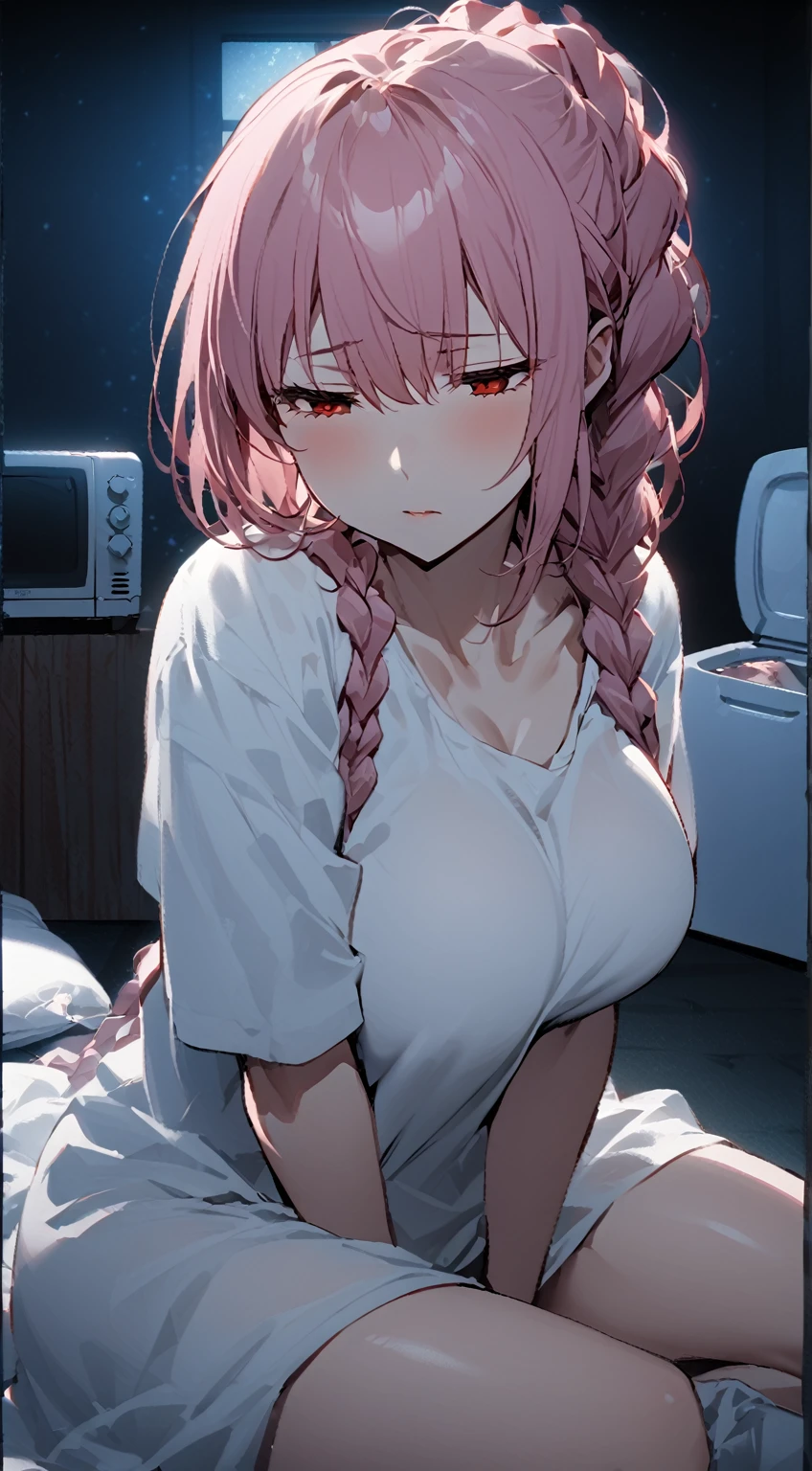  one woman, pink hair,Red eyes, half-closed eyes , The hair on the back is a braid,Circle of braids 、Big Breasts,Thighs、 I'm wearing a white t-shirt, slightly away ,  sitting,background,night, prison window 、The floor is folded 、I have a white futon 、 has a TV 、 small refrigerator 、Dark Room