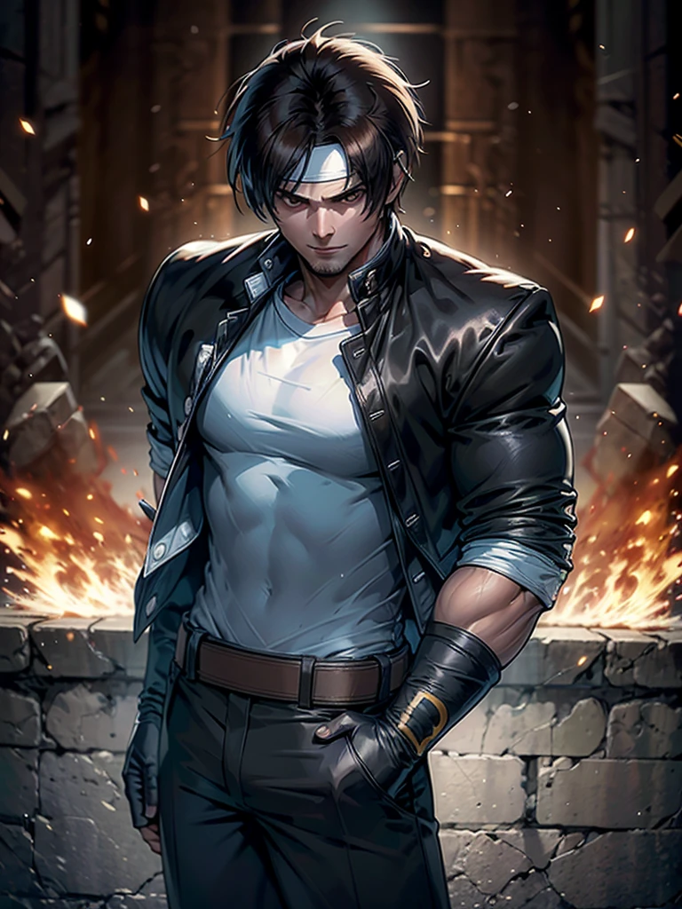 30-year-old man, alone, alone, athletic, muscular, dark hair, white band on forehead, white t-shirt, open black jacket, black pants, thin brown belt, wears black exercise gloves that cover almost his entire forearm, gaze serious looking at viewer, fire in one hand, cinematic, ultra sharp focus, award winning photography, perfect contrast, high sharpness, depth of field, ultra detailed photography, global illumination, fluid, ultra high definition, 8k, Unreal Engine 5, ultra sharp focus, award-winning photography, art season trends,
