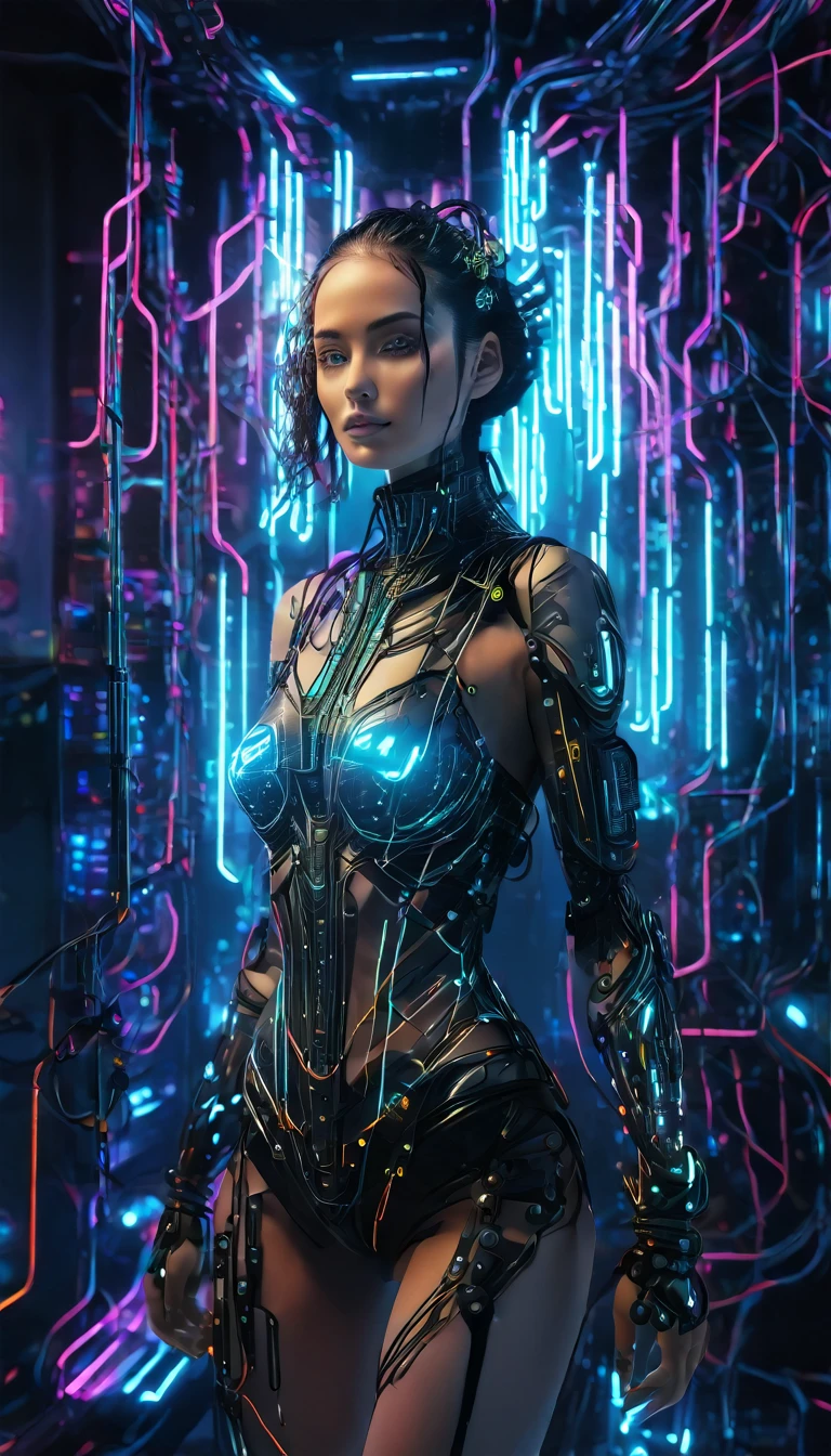 dibujo surrealista:1.5, detailed highly realistic robot woman, beautiful intricate cybernetic woman with circuits and terminals all over body, futuristic neon lights, LED lights, hyper detailed, 8k, best quality, photorealistic, masterpiece, cinematic lighting, volumetric fog, glowing cybernetic enhancements, advanced technology, futuristic dystopian, moody dramatic lighting, neon city backdrop, glowing interfaces, hyper detailed circuits, dynamic camera angle