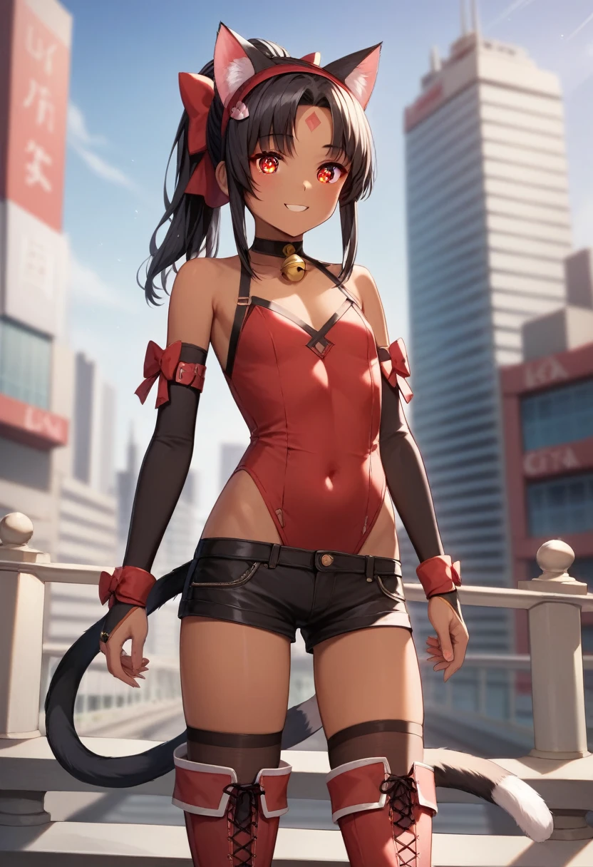 (Masterpiece, Ultra-high resolution, 8k, High Quality, Top quality, High-Detailed, Detailed CG, Cinematic Shadow:0.5, Beautiful Detailed Eyes, Ultra Resolution, Depth of Field, High Resolution, Masterpiece: 1.2), (Anime Art style), (cowboy shot), (City:1.4), 1girl, solo, nekomiya, red eyes, black hair, dark skin, ponytail, cat ears, cat tail, two tails, hairband, red bow, hair bow, forehead mark, sleeveless shirt, red leotard, black shorts, detached sleeves, puffy long sleeves, bridal gauntlets, choker, neck bell, thighhighs, red footwear, knee boots, black fur, flat chest, smile,