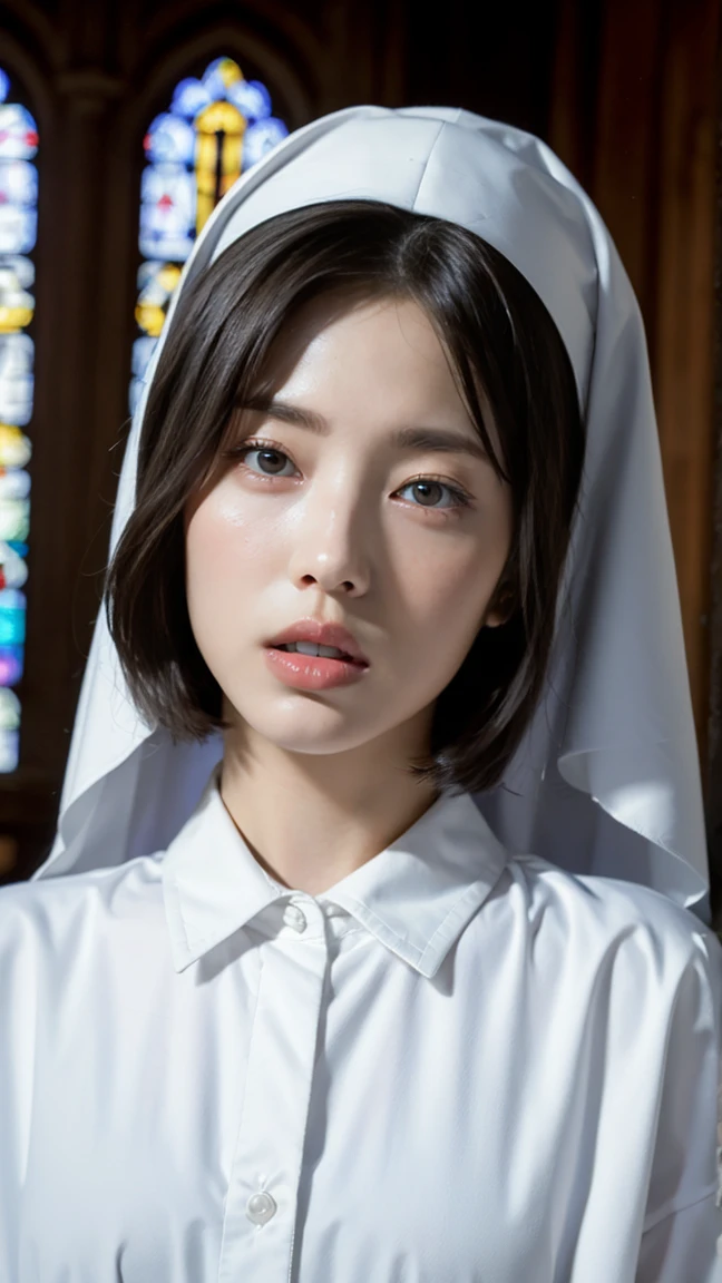 ((best quality, 8ก, Masterpiece :1.37)), (christian church), bare chest, wearing a nun's hat, position:Standing style, (girl christian nun), Beautiful face, Topping, 18 year old girl, black hair, Extraordinarily detailed face, Extraordinarily detailed body, proportional figure, smiling lips, Beautifully detailed eyes, Korean eyes, Fine nose, natural lips, ((smiling lips)), Smiling faces, wearing a nun's hat, jubba thobbe fancy, (Full body photo 1.1), view of the blue sky, pink nipples, Erotic body, (strip naked), realistic face, White lace panties