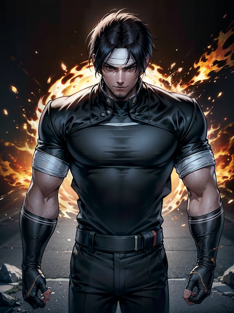 30-year-old man, alone, alone, athletic, muscular, dark hair, white band on forehead, white t-shirt, open black jacket, black pants, thin brown belt, wears black exercise gloves that cover almost his entire forearm, gaze serious looking at viewer, fire in one hand, cinematic, ultra sharp focus, award winning photography, perfect contrast, high sharpness, depth of field, ultra detailed photography, global illumination, fluid, ultra high definition, 8k, Unreal Engine 5, ultra sharp focus, award-winning photography, art season trends,
