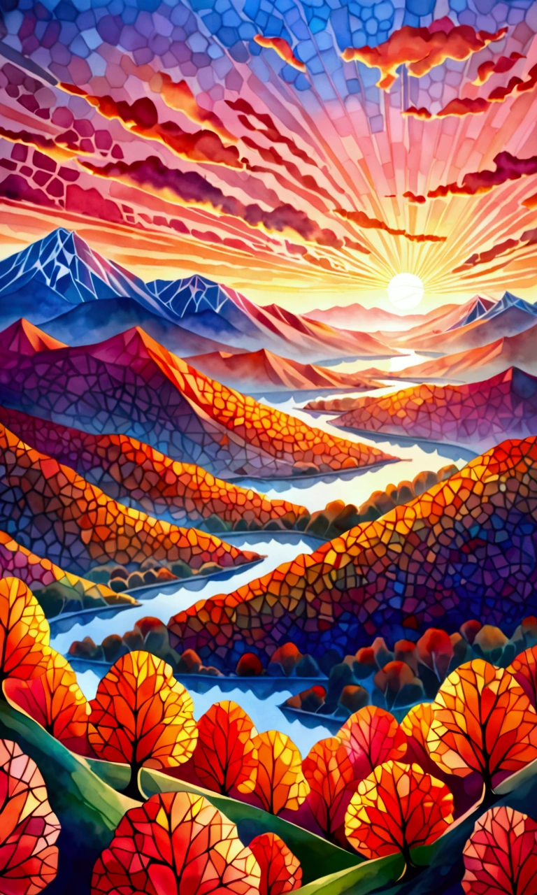 A masterpiece, high resolution, best composition, Voronoi watercolor, beautiful autumn sunset, breathtaking beauty,  mountains with autumn leaves, creating imaginative and stunning images, vivid colors, crisp images.