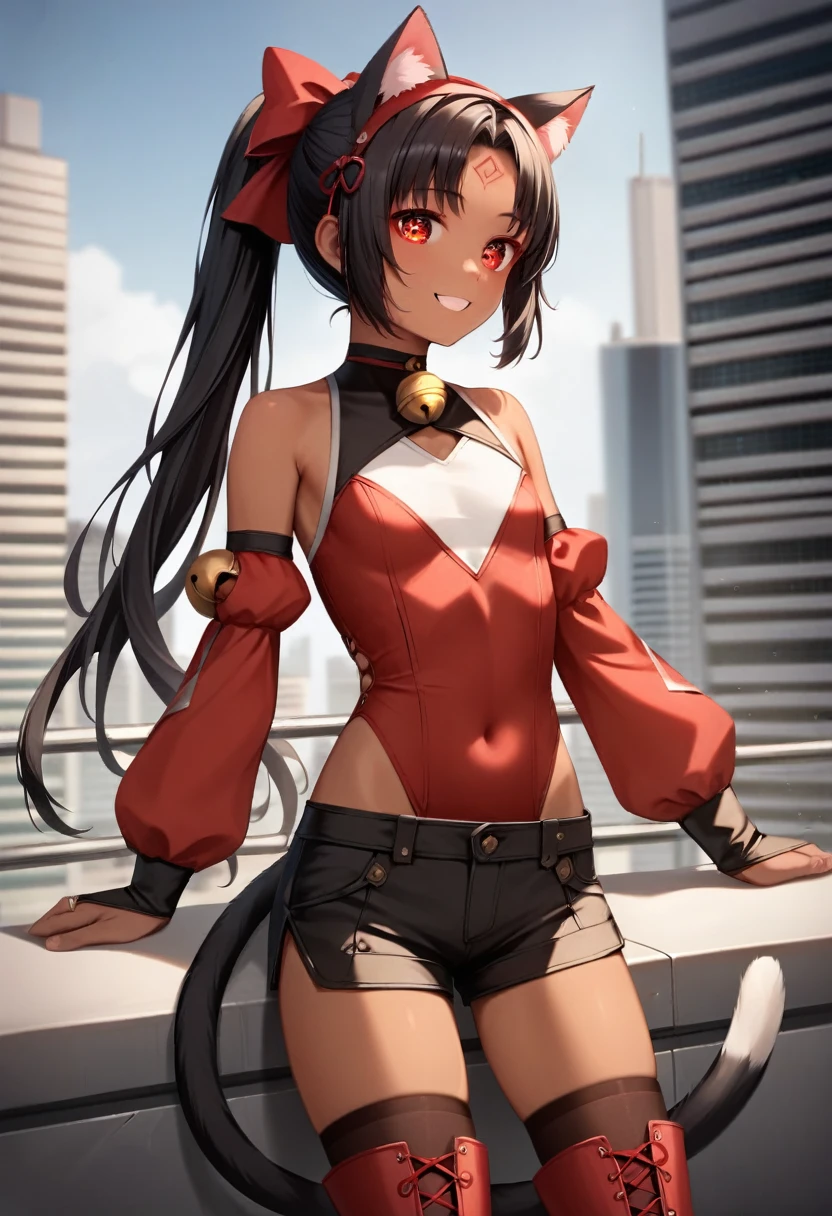 (Masterpiece, Ultra-high resolution, 8k, High Quality, Top quality, High-Detailed, Detailed CG, Cinematic Shadow:0.5, Beautiful Detailed Eyes, Ultra Resolution, Depth of Field, High Resolution, Masterpiece: 1.2), (Anime Art style), (cowboy shot), (City:1.4), 1girl, solo, nekomiya, red eyes, black hair, dark skin, ponytail, cat ears, cat tail, two tails, hairband, red bow, hair bow, forehead mark, sleeveless shirt, red leotard, black shorts, detached sleeves, puffy long sleeves, bridal gauntlets, choker, neck bell, thighhighs, red footwear, knee boots, black fur, petite, flat chest, smile,