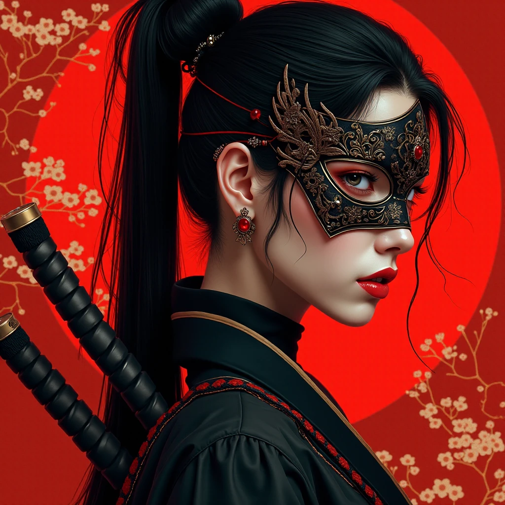 Large image Ninja woman masked very beautifully very intricately presented very detailed Background red very elaborate beautiful woman 