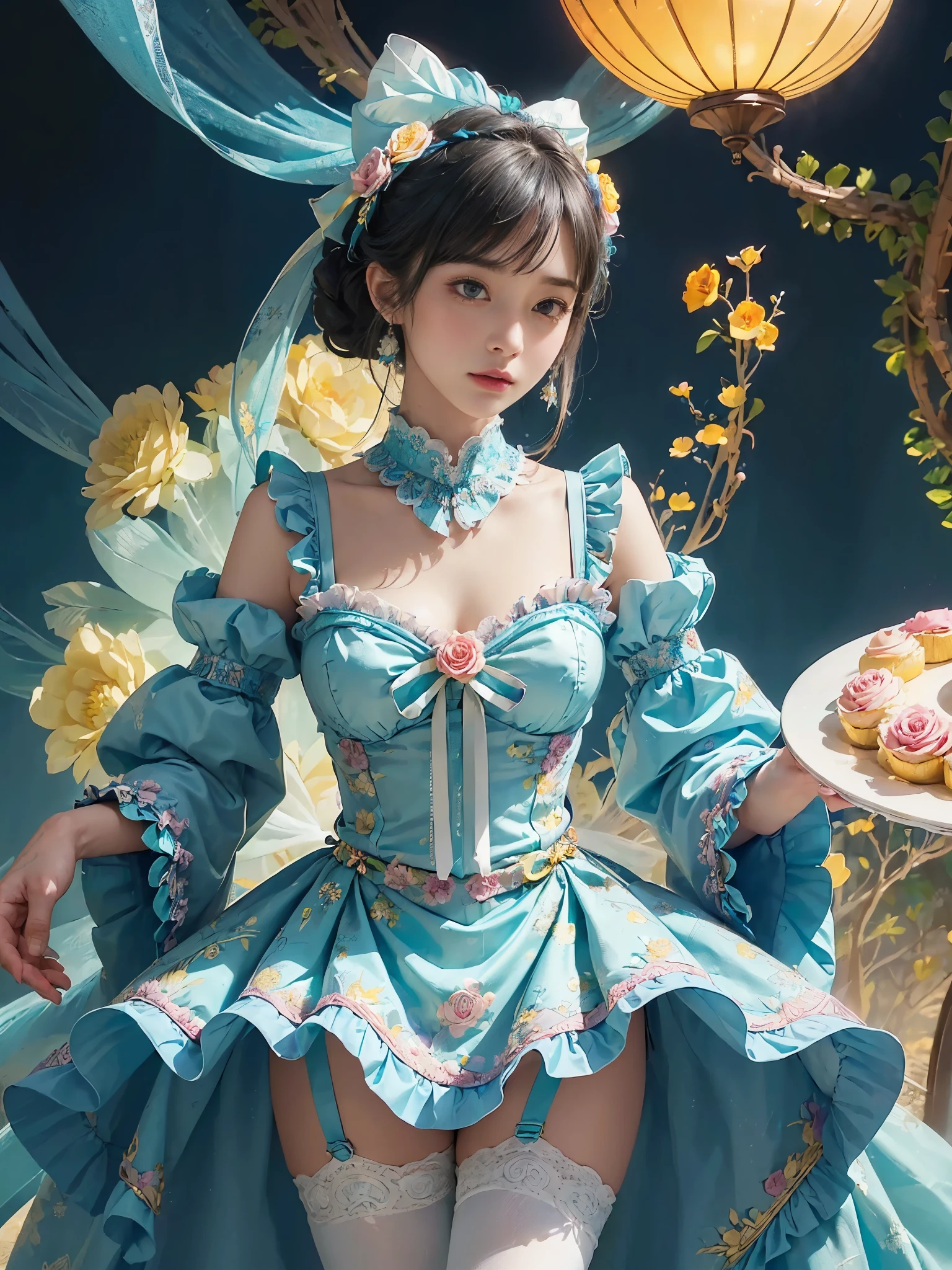 (masterpiece、top-quality、top-quality、Official art、Beautifully Aesthetic:1.2)、(One girl:1.3)、A highly detailed、(Fractal Art:1.1)、(colourfull:1.1), (florals:1.3)、The most detailed、(Zentangle:1.2)、full body Esbian、(Blue sky and rose garden:1.3)、(shinny skin)、(Many colors:1.4), (pluma:1.5)、masterpiece、top-quality、top-quality、Official art、Beautifully Aesthetic:1.2)、(1girl in)、ighly detailed、(Fractal Art:1.3)、colourfull、highestdetailed、long、A dark-haired、big eye、Women in Japan、(Ruffle frills, extremely detailed Chiffon Lace Ribbon Suspenders, (turquoise blue and yellow Stripe Design Pastel Coloring extremely detailed dress),extremely detailed Big Ribbon Headband, extremely detailed Open Colorborn, extremely detailed puff sleeves, extremely detailed Tied thin ribbon corset, extremely detailed Balloon skirt, extremely detailed White Net Tights, Colorful star-shaped bead accessories)、Cute table、Drinking tea、Tea、teapot、macaroons, You can see the castle behind
