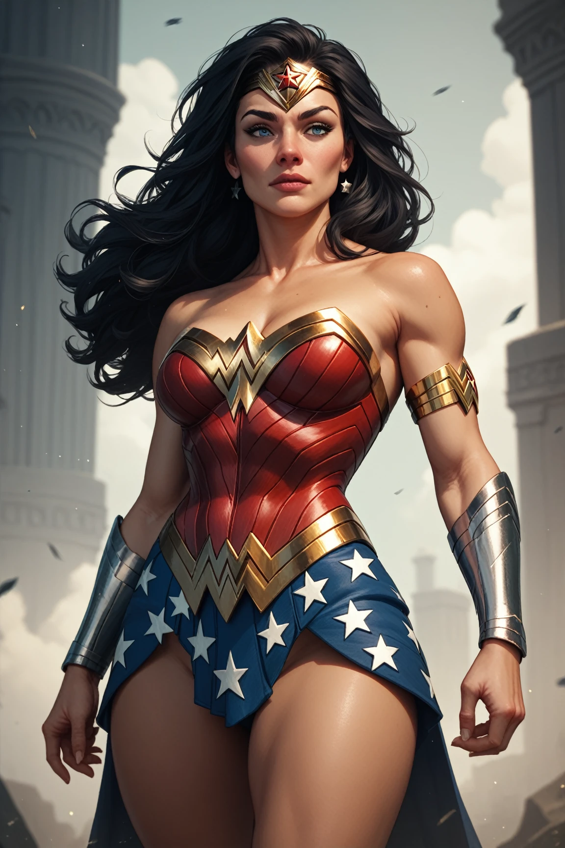 (masterpiece, best quality:1.2), 1girl, solo, (((A comic style, cartoon art))), A comic book-style image of Wonder Woman in dynamic sexy pose, with her as the central figure. She is standing with her hands on her hips, looking straight ahead with determination. She wears a red, blue and gold outfit, with a white star on her chest and a golden tiara on her forehead. She has long, straight dark hair, blue eyes and red lips. She is surrounded by a city in ruins, with destroyed buildings and smoke. She has a serious and confident expression, as if she is ready to fight evil. higly detailed.