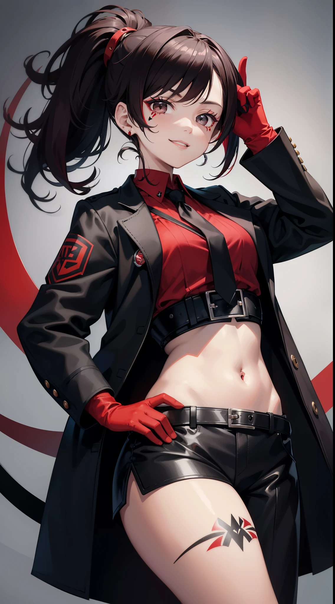 young girl, Short black and red hair, high ponytail, gray eyes, Smile, open belly, black trousers, red jacket, tie, belts, fetters, Tatoo, iron gloves, face tattoos, Masterpiece, hiquality, 4k, HD, Good detail
