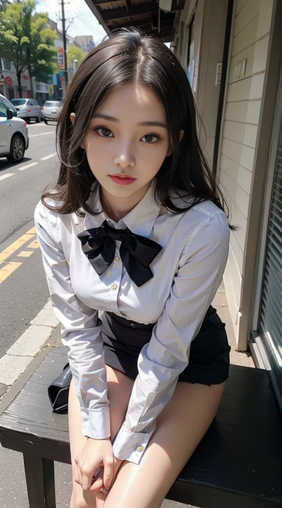 a beautiful  Irish woman, (small breasts), goth makeup, white panties, doc marten shoes, pink shoelaces, Long braided hair with bangs, fishnet blouse, high waist very short skirt , fishnet thigh highs, sitting in a bus shelter