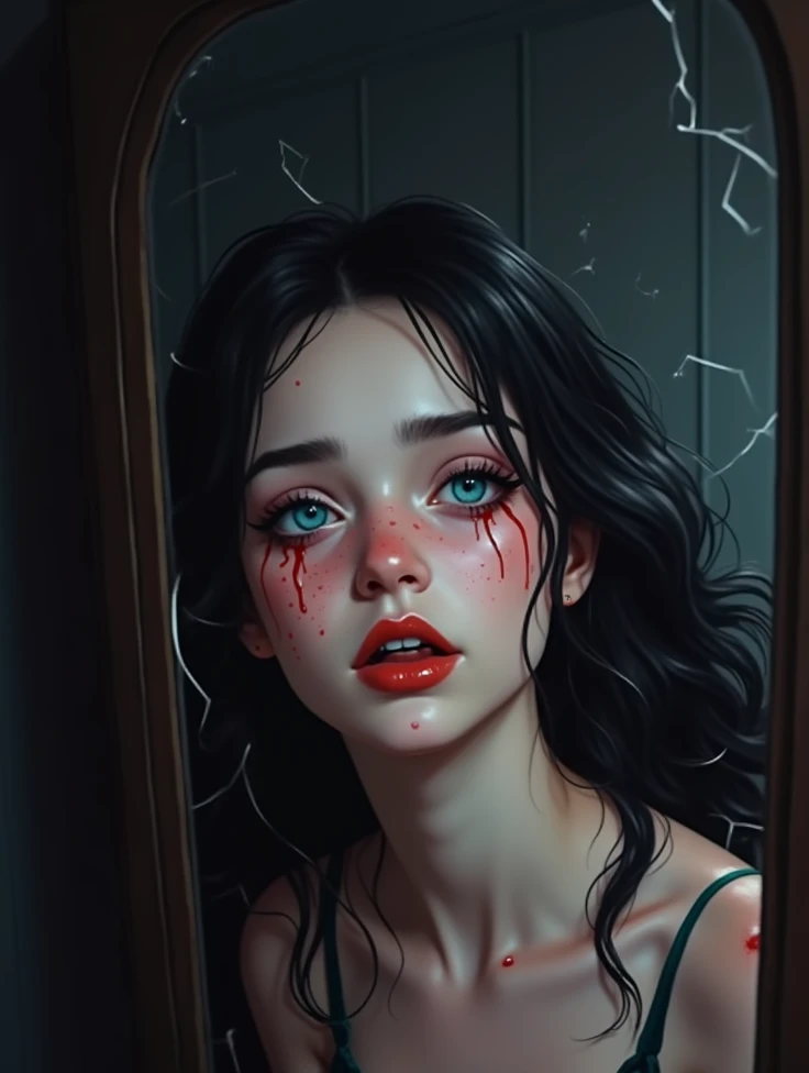 face, mascara, ruined makeup, exhausted, tired, heavy breathing, after sex, saliva, messy hair, messy, wet face, fellatio large penis surprized cum in mouth, detailed face features, blush, embarrassed, long hair, photorealistic, high quality, best quality, highres <lora:RM_v0.2(an):0.8>