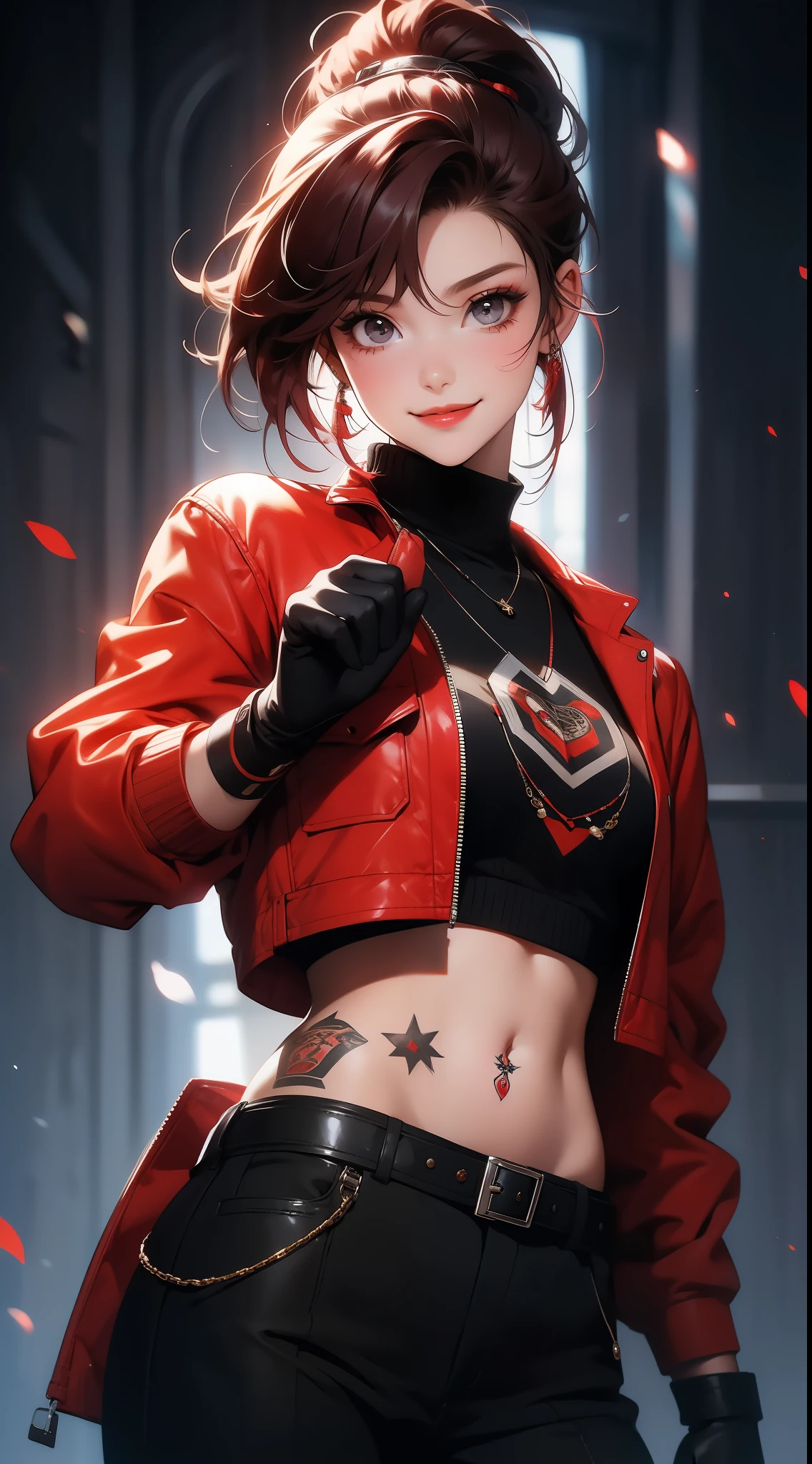 young girl, Short black and red hair, high ponytail, gray eyes, smile, open belly, black trousers, red jacket, tie, belts, chains, Tattoos, iron gauntlets, face tattoos, Masterpiece, hiquality, 4k, HD, Good detail