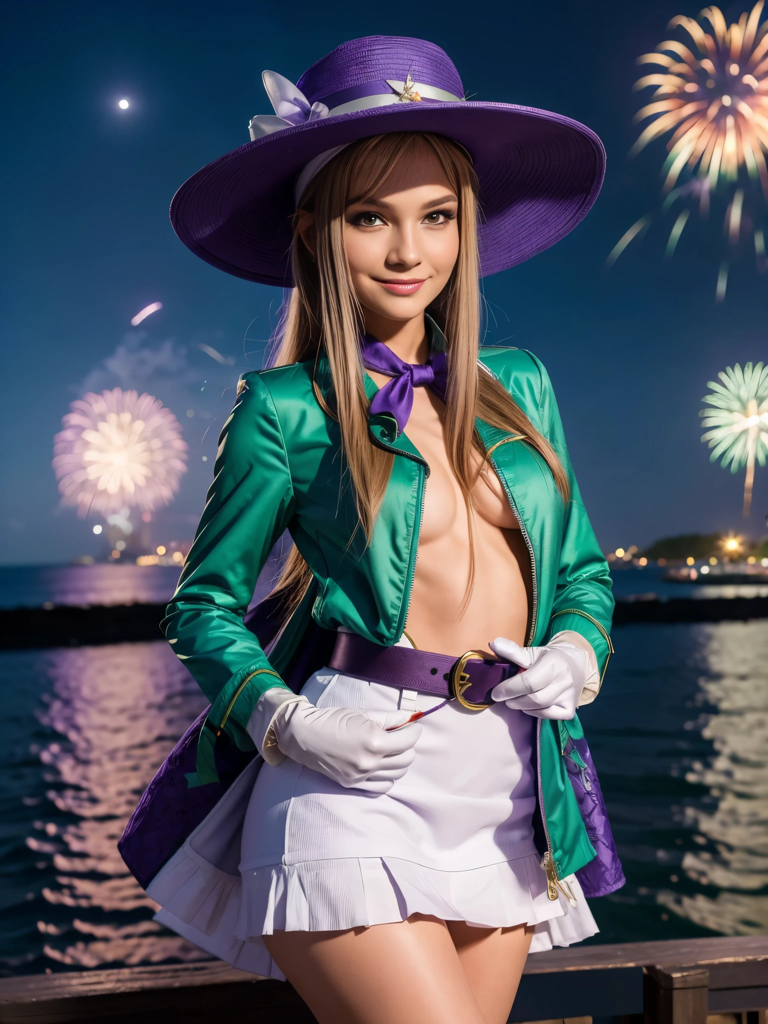 masterpiece, best quality, musse egret, purple hat, hairclip, green ribbon, purple jacket, white gloves, belt, purple miniskirt, upper body, blushing, smile, looking at viewer, beach, night, moon, fireworks, hands to chest