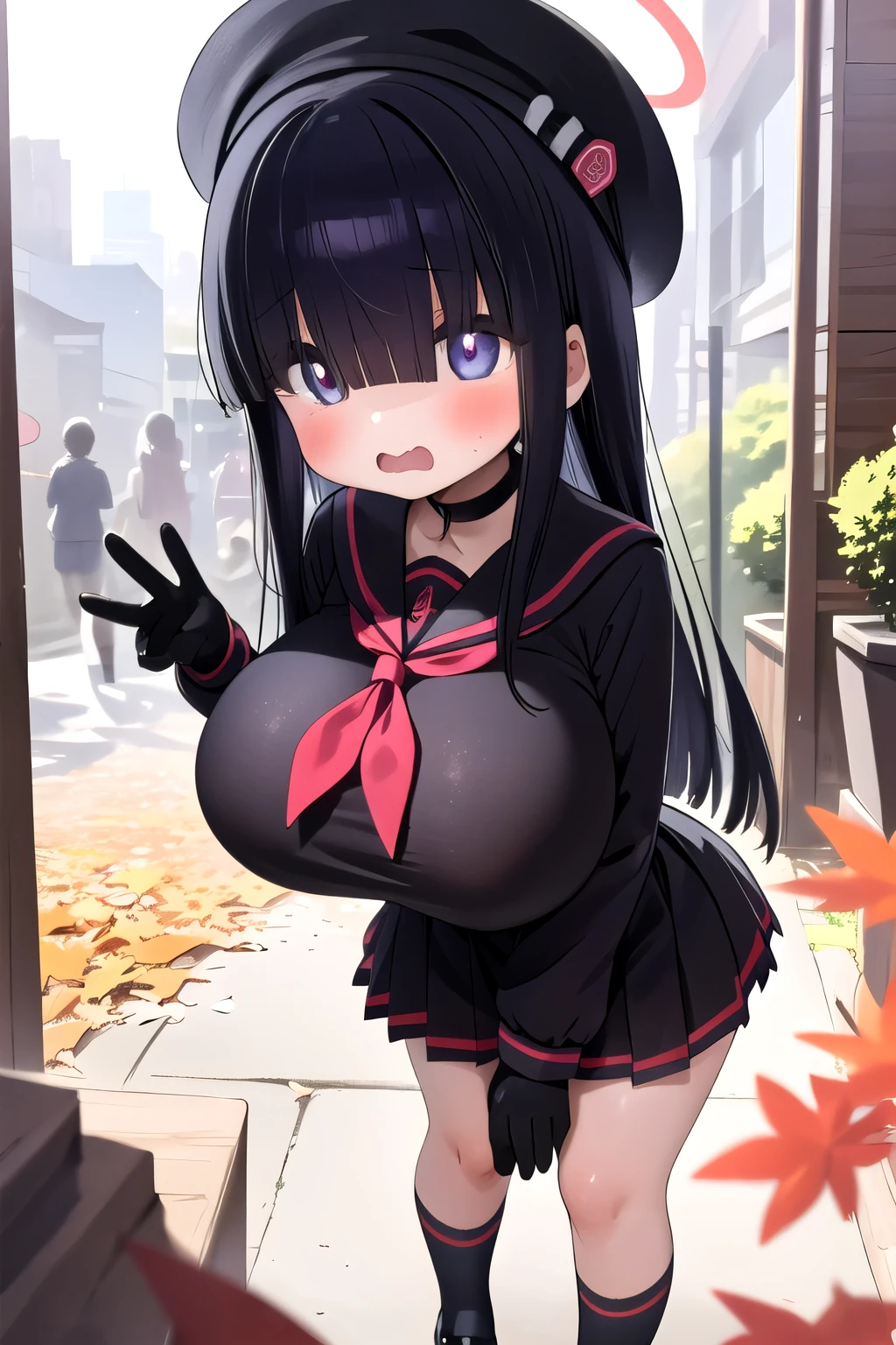   very young girl  ，   short stature  ，   Toddler Figure Temptation  ，Short legs，Translator，halo，Hair on the eyes ，Black Hair，Long Hair，beret， black sailor suit  ，  Black Shirt  ，  Long Sleeve  ，  black miniskirt，Pet Collars，  black gloves  ，Black socks，   black panties ，black shoes， outdoor ，秋のcityscape，   Fallen Leaves Become Vaginal Discharge  ，Wavy Mouth，  is standing， Playful gestures  ，((  very big breasts))，From below，