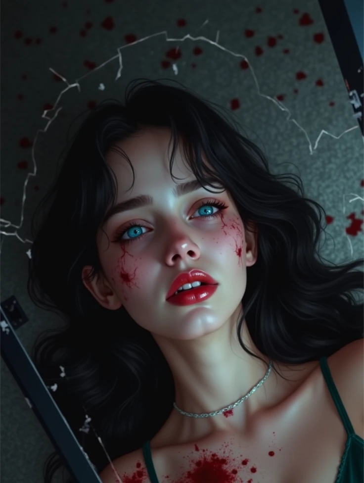 ((masterpiece))), (((best quality))), ((super detailed)), (highly detailed computer illustration), ((extremely delicate and beautiful)), Dynamic Angle, Perspective, High Point,pov(from below:1.4), obscene large smile, drooling 
color paintAn obscure face,sideways glance, (cold attitude,eyeshadow,eyeliner:1.1),(red lips:1.5),watery eyes, makeup smeared,
jewelryearringsarm tattoofull-body tattoo, neck tattoo(long legs:1.3)big breasts,
((((dramatic))), (((gritty))), (((intense)))A shot with tensionVisual impact,giving the poster a dynamic and visually striking appearance, viscerally obsurd, malevolence, nightmarish dreams converge,
Hyperdetailed,  imaginatively exagerated, gothic macbre masterworks of obsurd surrealism. Ominous tone, dreamlike hell trip 
