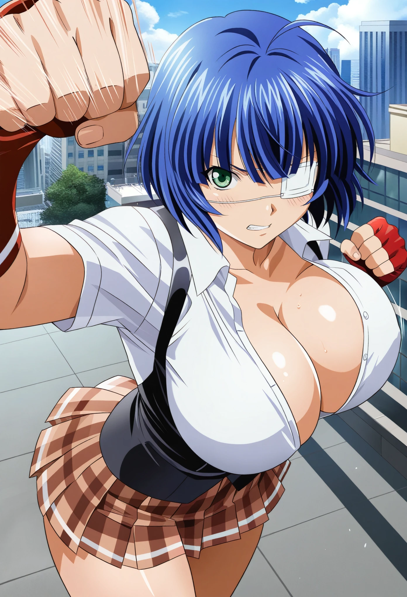 masterpiece, best quality, amazing quality,1girl,ryomou shimei\(ikki tousen\),RIN-SIN(artist),large breasts, punch, upset, looking  at viewer, city, building, motion lines