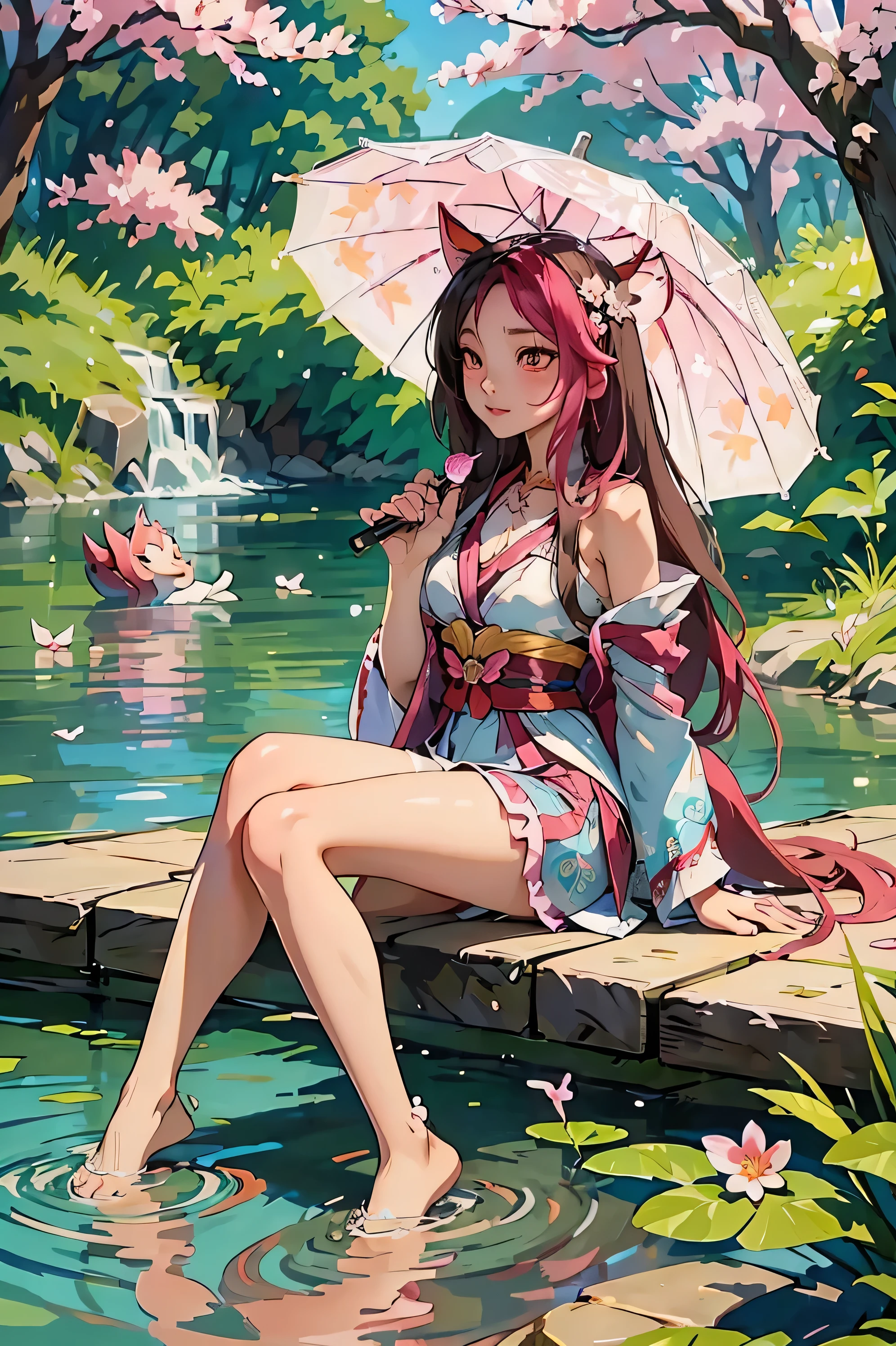 Draw Ahri, the League of Legends champion, in her Spiritual Bloom skin. She is sitting on a rock in the middle of a serene lake, with her feet dipped in the crystal clear water. Ahri holds a parasol decorated with floral patterns in one hand and eats dangos with the other, conveying a moment of tranquility and pleasure. Around her, cherry blossoms float on the surface of the lake, and small fish swim near her feet. The setting is framed by cherry blossom trees in full bloom, with petals gently falling in the wind. Sunlight filters through the umbrella, creating soft shadows and a delicate glow around Ahri. His expression is relaxed and content, reflecting a moment of peace and serenity.