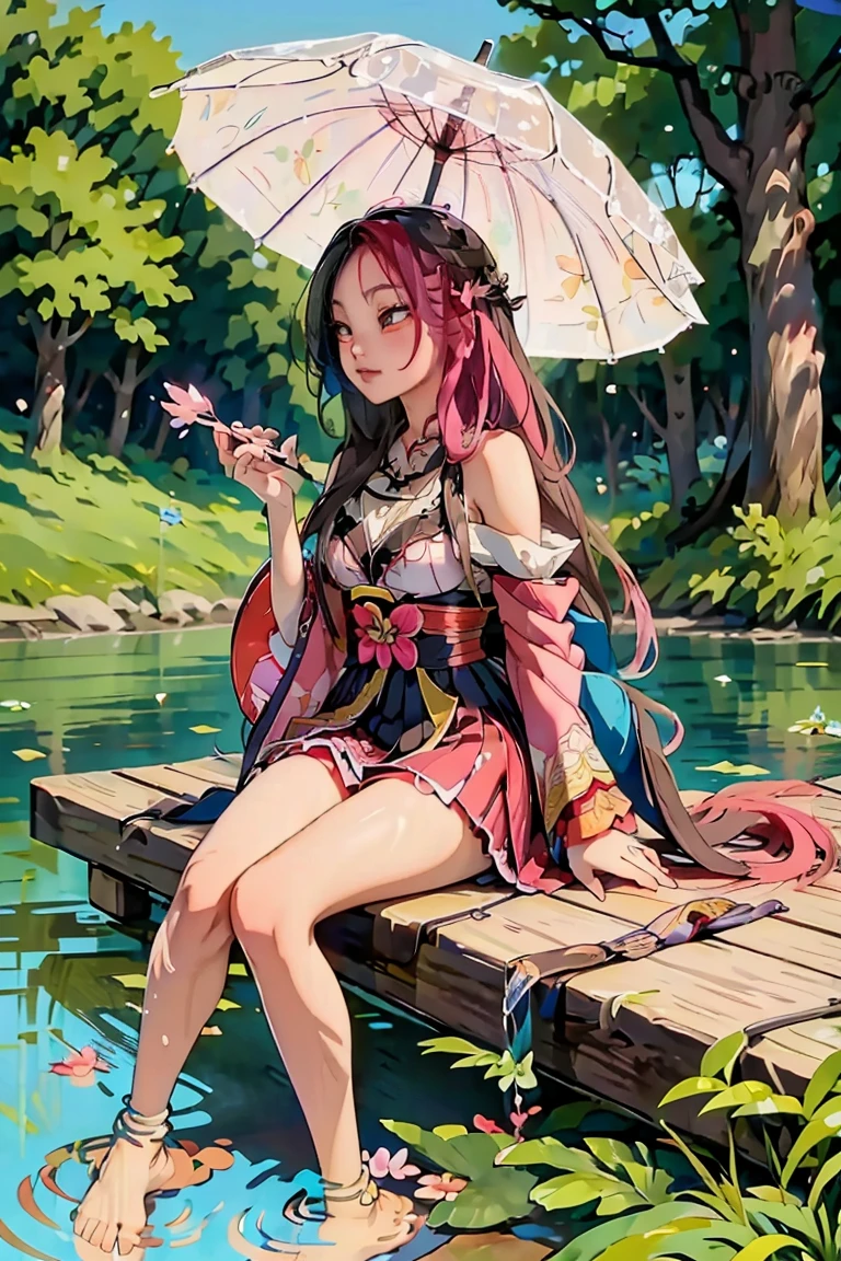 Draw Ahri, the League of Legends champion, in her Spiritual Bloom skin. She is sitting on a rock in the middle of a serene lake, with her feet dipped in the crystal clear water. Ahri holds a parasol decorated with floral patterns in one hand and eats dangos with the other, conveying a moment of tranquility and pleasure. Around her, cherry blossoms float on the surface of the lake, and small fish swim near her feet. The setting is framed by cherry blossom trees in full bloom, with petals gently falling in the wind. Sunlight filters through the umbrella, creating soft shadows and a delicate glow around Ahri. His expression is relaxed and content, reflecting a moment of peace and serenity.