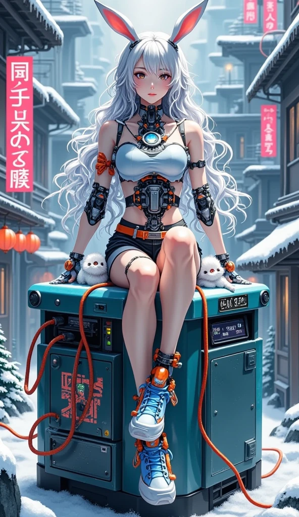  Ultra Realistic Photography，A long-haired, half-human, half-robotic girl sits on a tech charging bin。 Her hair is silvery white ，Curly and fluffy ， with bunny ears on her head 。 She's wearing a top 、 black shorts and blue shoes ， and a bow decoration on her shoes 。 A little white bunny on her lap ， and lies another little bunny on her shoulder。 The background is cyberpunk urban ，Neon