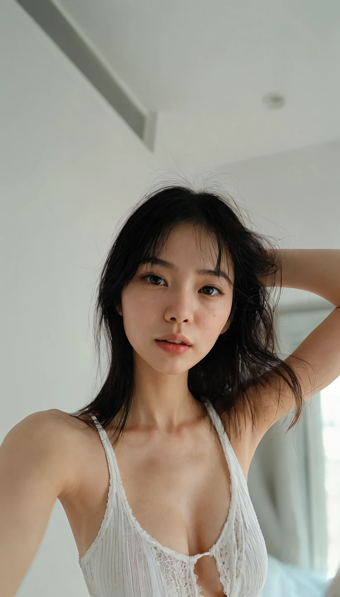 sexy exotic indonesian woman with arms strechcing and armpits exposed above her head.