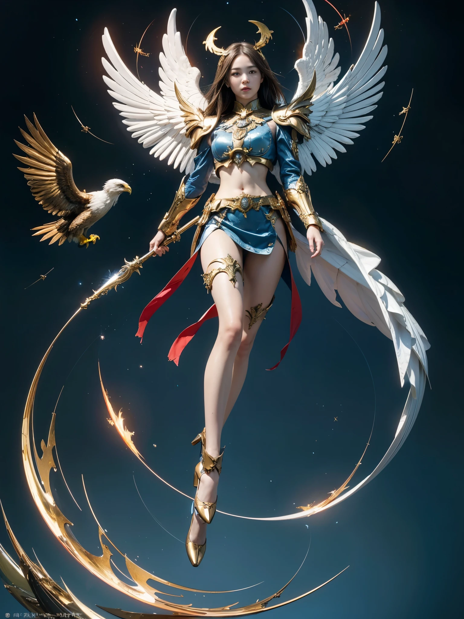 (Best Quality, Masterpiece: 1.1), (Realistic: 1.4), Beautiful naked schoolgirl is riding on the pink eagle, god ray, , silver short hair, blue eyes, full body, from below, hourglass body shape, flying over the park, crystallineAI ,fractal art, splash