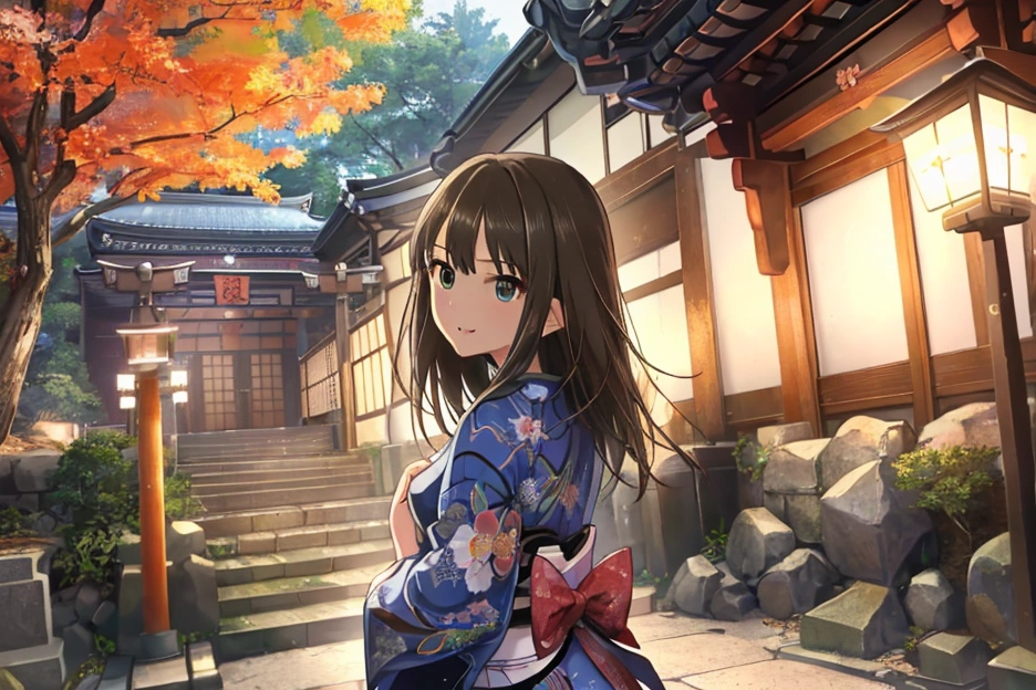 masterpiece、Best Quality、 details、 Hi-Res、 go to a shrine for the first time in a very delicate and beautiful 、solo、One Japanese person、((Shibuya Rin))、kimono、first visit of the year to a shrine、smile、 is crouching、shrine、 cowboy shot、 PORTRAIT