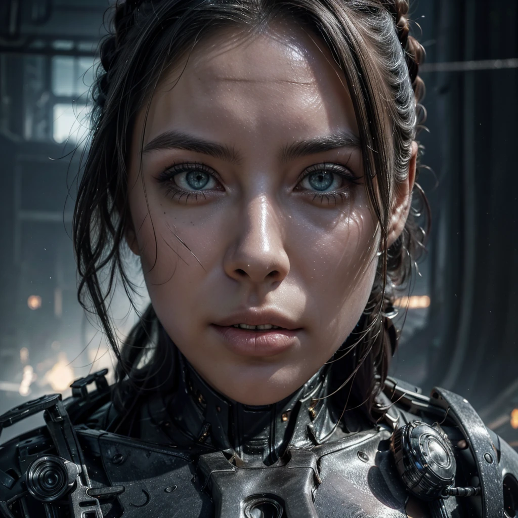 old abandoned futuristic city, broken, flooded, Cyborg girl, beautiful cute face, scared, front shot, (wearing a torn dirty knit Bodycon Dress:1.2), detailed sad eyes, 35mm photograph, film, bokeh, professional, 4k, dreary, photorealistic, 8k, raw, rich, intricate details, vivid dynamic colors