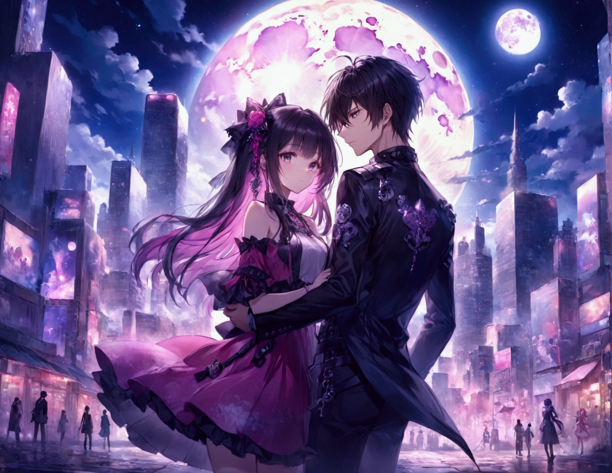   Anime couple in the city on the night of the full moon、beautiful fantasy anime、Epic Light Novel Cover、 anime fantasy art 、  Dream Punk Romanticism Artwork  、Epic Light Novel Cover、アニメkey art、key art、2。5 d CGI anime fantasy art 、 anime art wallpaper 4k 、 anime art wallpaper 4k 、 8k anime wallpaper 、Visual Key