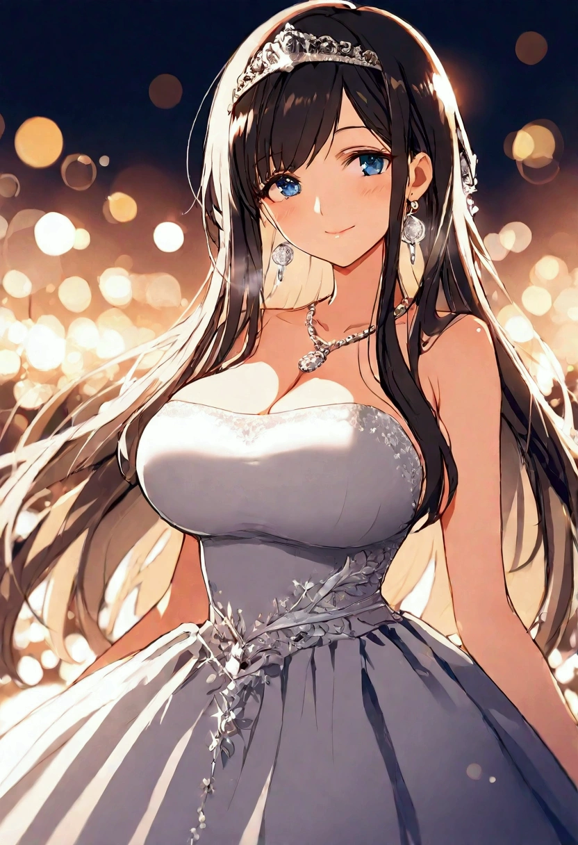 ultra detailed illustration in anime style of a imperial woman with sparkling navy blue eyes, Apricot skin, gothic a white silk dress with trinkets, a winter background, golden long hair, silver tiara, lens flare, depth of field, bokeh effect, backlit, stylish, elegant, breathtaking, visually rich, flat lights, flat colors, cel shading, art by best anime studios, 32k resolution, best quality, ink lines, a mature body, a beautiful, benevolent smile of eyes, the Middle Ages, an imperial woman, Big breasts, silver earrings, a silver necklace