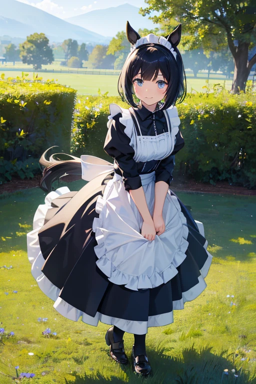 with horse ears, with black horse tale, black bob cut, blue eyes, light smile, (asw_eishin flash (Uma Musume)), Character portrait, masterpiece,  textured skin, hair over ears,  ((traditional maid)), Black Hair, solo, (EishinFlash), lawn, middle large breast,  Hi-Res,  blurred background, acrunchie adorned on the right horse ear, Outdoor, Natural Light, Character portrait, wind, full body, ( long skirt)