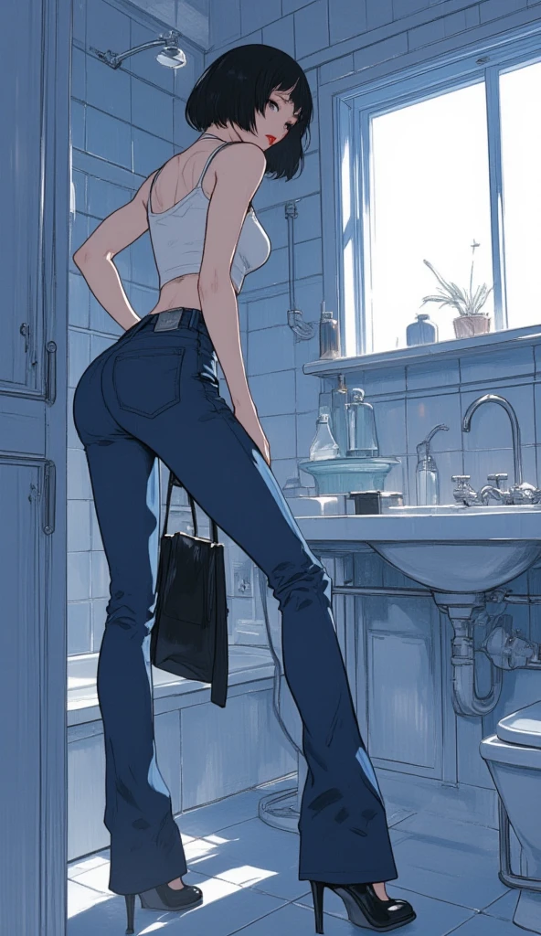 humbler woman in a kneeling pose, visible nipples, black hair, blue pupils, delicate face, cute, love earrings, absolute sheer sundress, standing at the door of the police station, playful, ultra hd, masterpiece, best quality, super detail, accurate