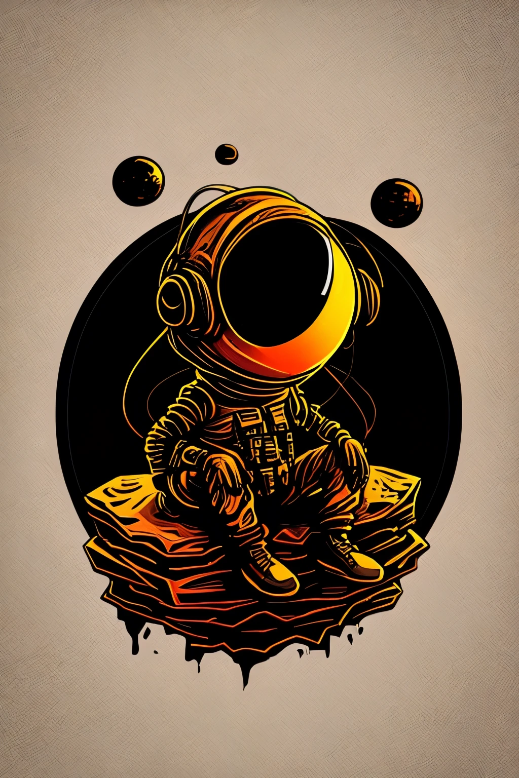 An alien sitting on a rock in a relaxed position, with a headset, in a circle, with white background and art vector style, in a vibrant and characteristic sunset, with detailed and sharp outline, as a t-shirt logo in the style of art