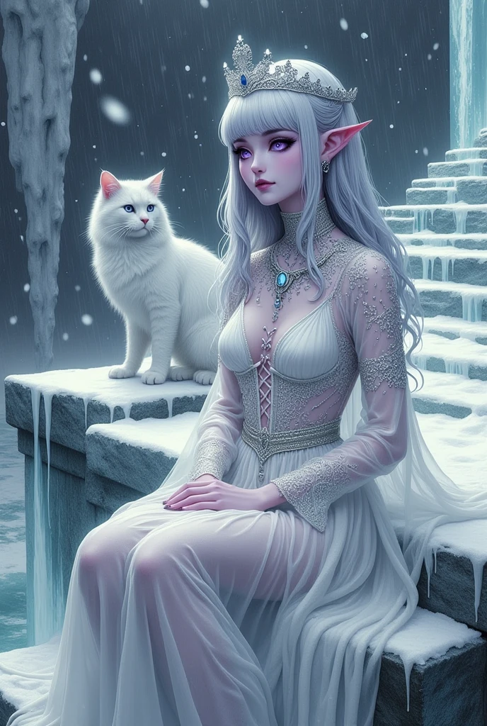 (Ultra-detailed face, Looking away, Fantasy Illustration with Gothic, Rich tone colors.), BREAK 
(A viewpoint looking up a stone staircase from below. Thick gray snow clouds hang low and snow is falling heavily. The Ice Queen smiles and sits cross-legged on an icy throne at the top of the snow-covered, icy stone steps, while a large, white, long-furred cat sits in her lap, leaps onto the throne, and nuzzles at her feet.), BREAK 
(The Ice Queen wears a tiara with a snowflake motif and a choker and necklace made of clear gemstones. She wears a lace-up dress of pure white transparent fabric organdie with layers of thin silver cords woven into the fabric. She wears high heels of pure white woven silk tape and holds a cat on her lap with both hands.), BREAK 
(She has glossy silver hair and eyebrows, blunt bangs, gently wavy messy very long hair with snow, small pink lips, pale translucent skin, lavender eyes, and a young age ice queen with thick dark eyeliner around her eyes.), BREAK 
(This is a frozen ice valley of bitter cold. The Ice Queen gently loves and shelters the inhabitants and creatures of the Ice Valley from the top of the Ice Temple. The large white cat by the Queen's side protects her.)