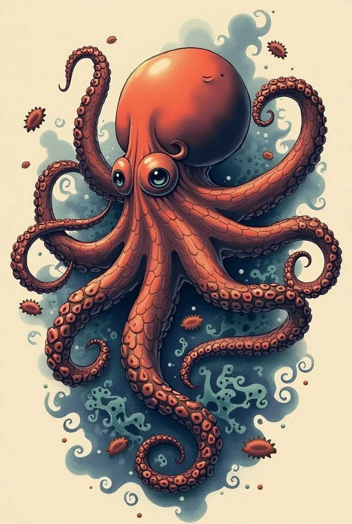 Octopus s’enfuit en répandant de l’encre noire, attitude méfiante, regard apeuré effrayé, , fond ocean coraux rouge et blanc ::2 colorfull ink painting ::2 fantastic art