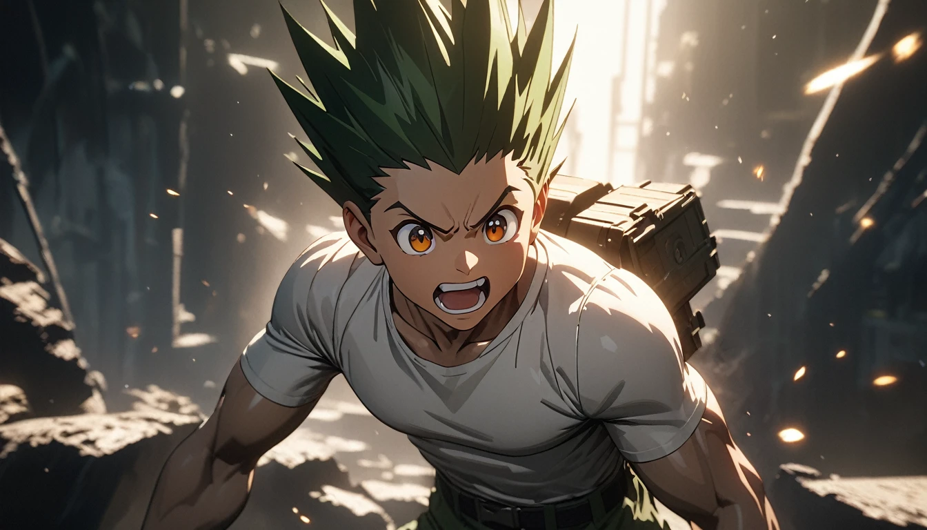 Gon adult transformation, 1men, spiked long hair upwards,black and white male body , green short, white tight t-shirt,muscular, black aura, rage, masterpiece, best quality, extremely detailed, highly quality, 4k, sharp focus, professional, sharp focus, award winning, cinematic lighting, octane render, unreal engine, volumetrics dtx, Wallpaper,
